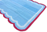 Modern Handmade Cotton Sky Blue, Cream and Red Scalloped Rug-9660