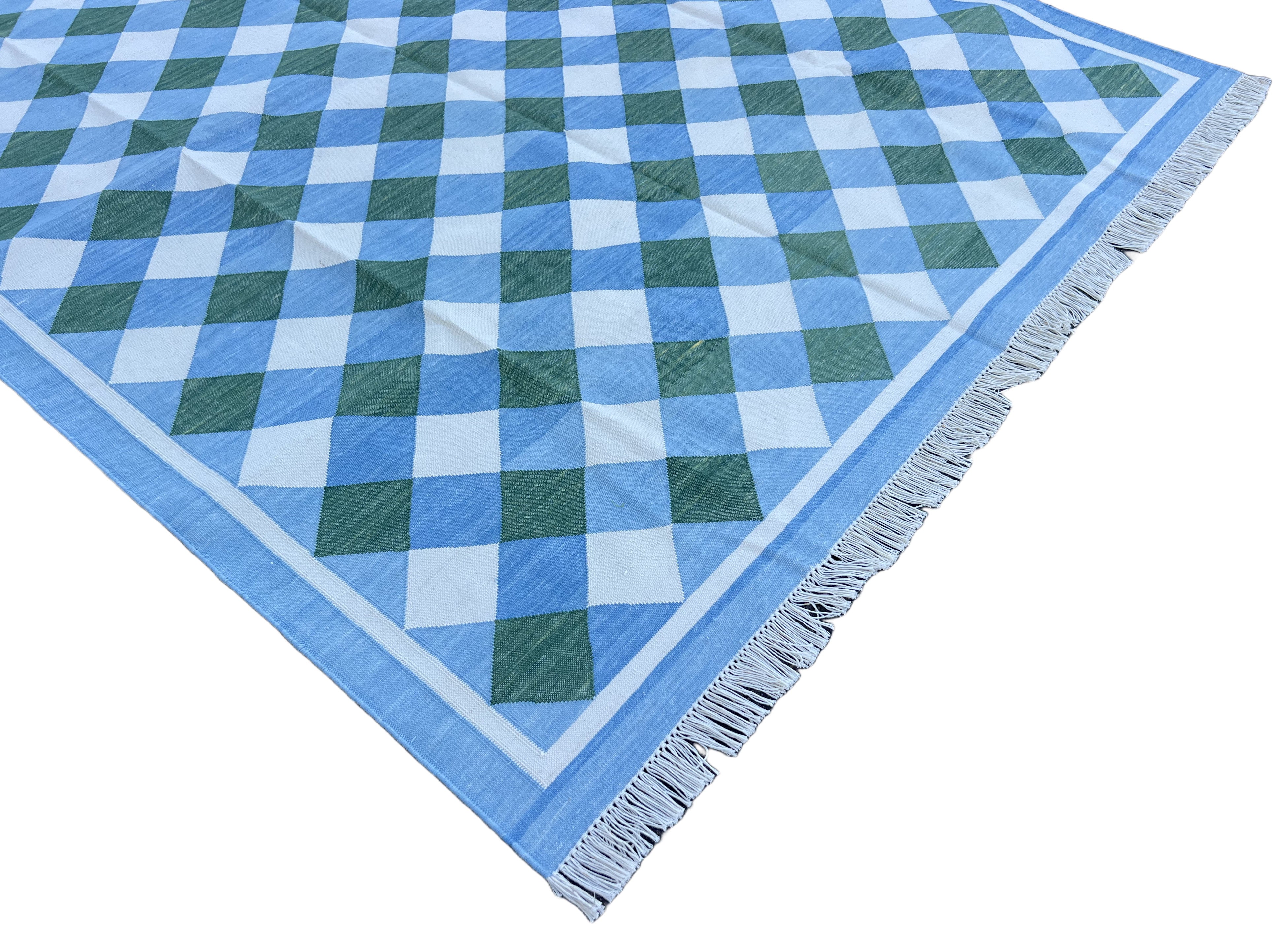 Modern Handmade Cotton Sky Blue, Cream And Forest Green Checked Rug-6760