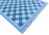 Modern Handmade Cotton Sky Blue, Cream And Forest Green Checked Rug-6760