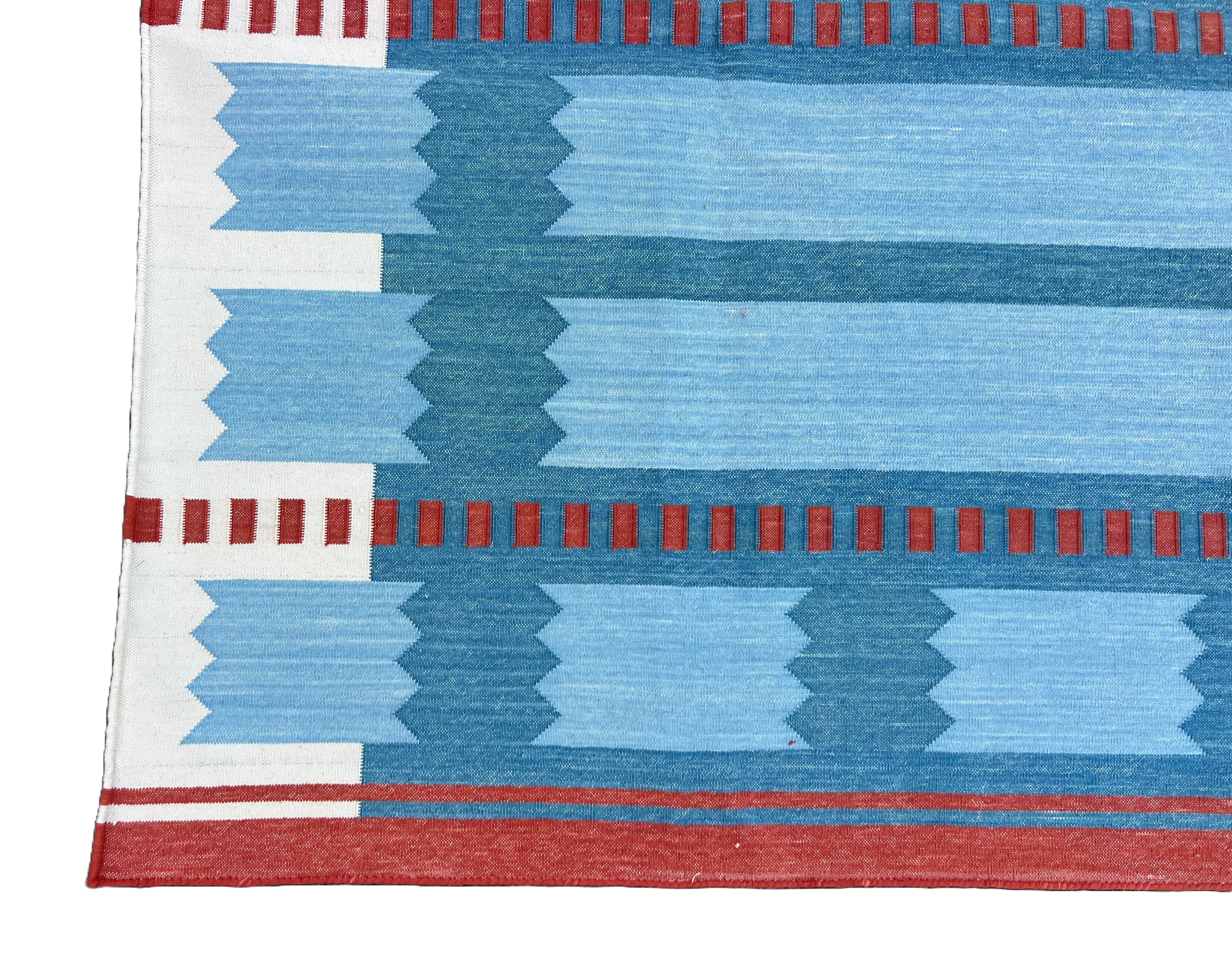 Modern Handmade Cotton Flat Weave Blue, Cream And Red Geometric Rug-6774