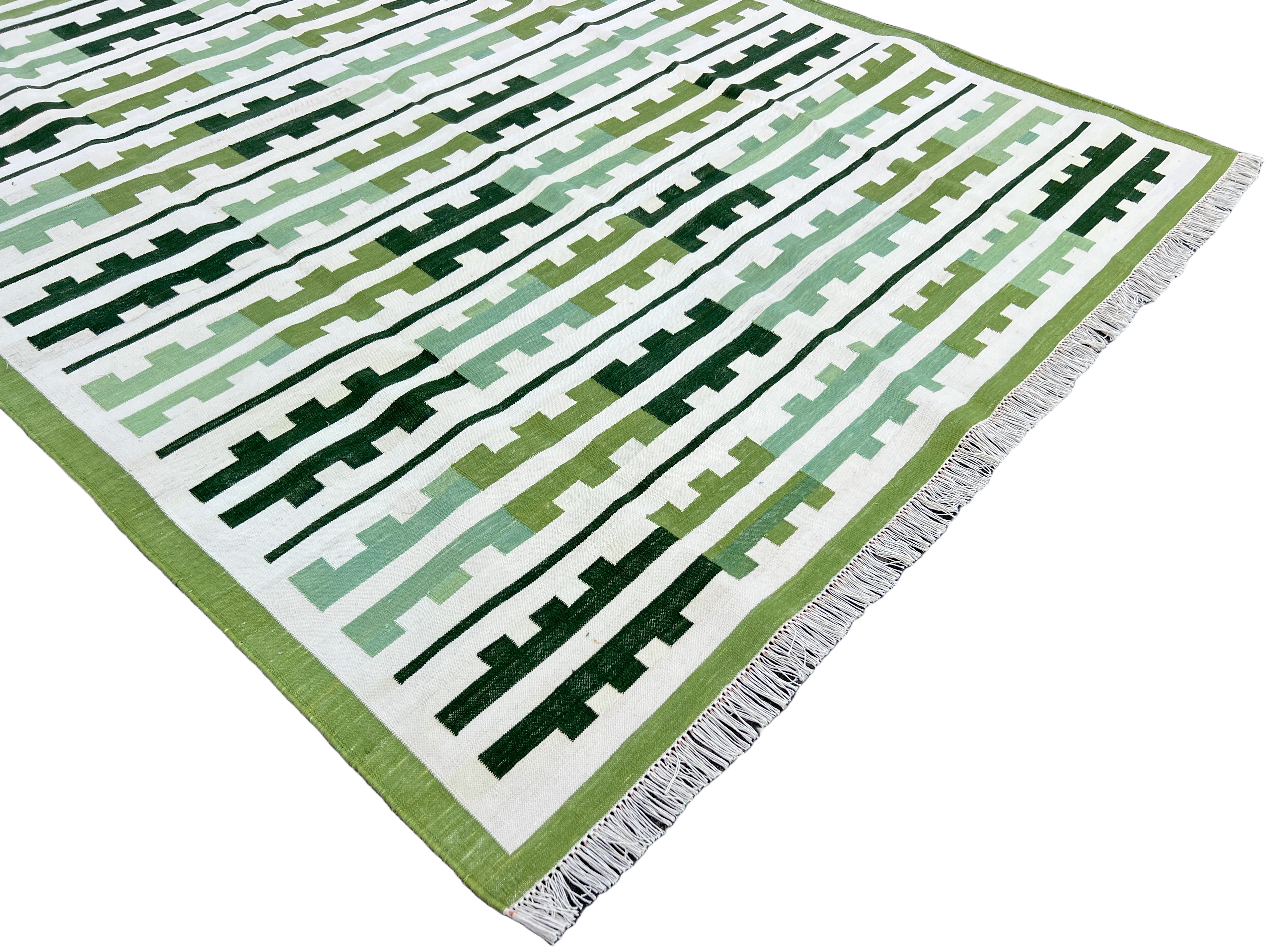 Modern Handmade Cotton Green And Cream Marianne Striped Rug-6757