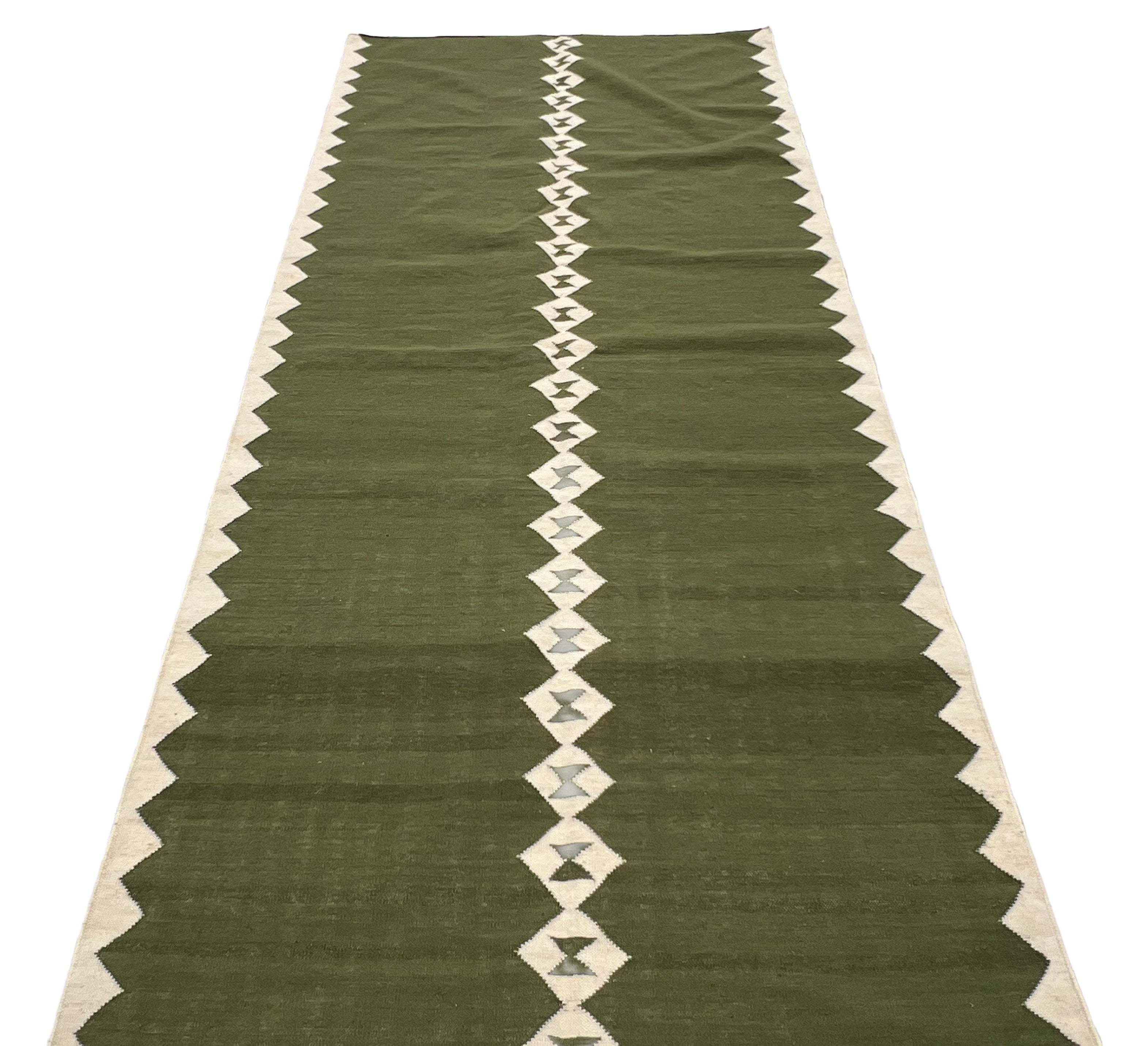 Modern Handmade New Zealand Wool Olive Green And Cream Diamond Runner-6841