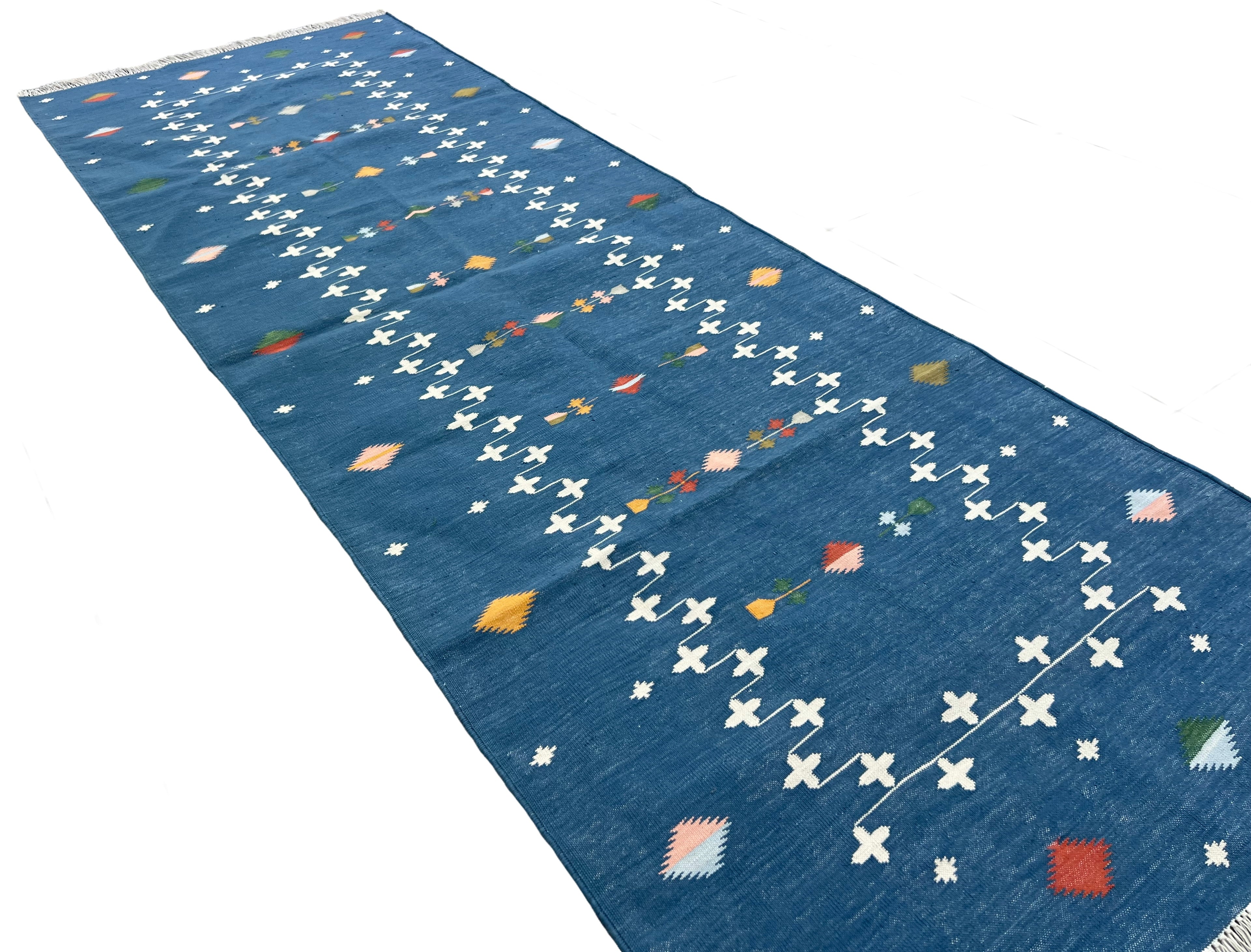 Modern Handmade Cotton Indigo Blue Shooting Star Dhurrie Runner-6815