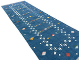 Modern Handmade Cotton Indigo Blue Shooting Star Dhurrie Runner-6815