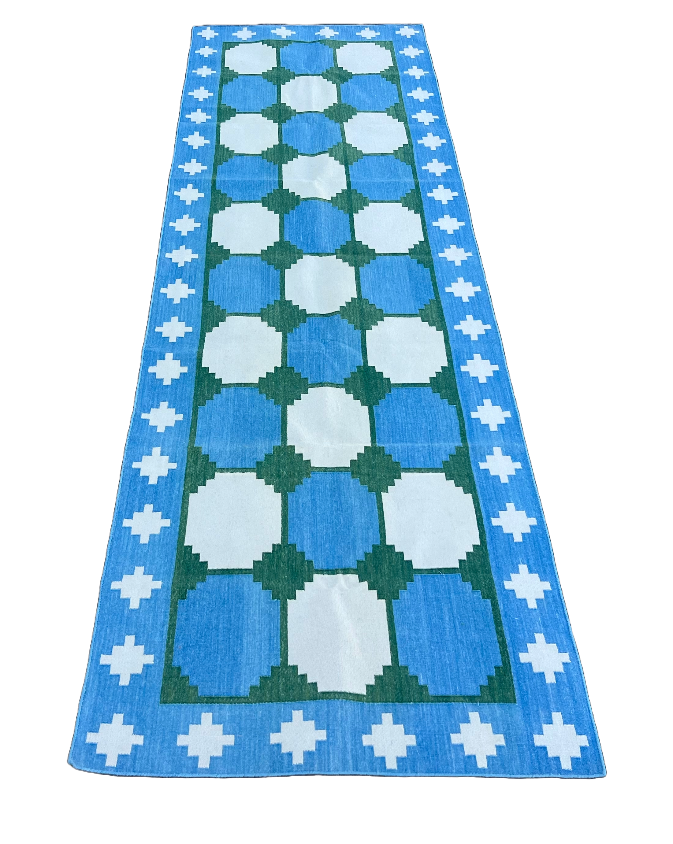 Modern Handmade Cotton Sky Blue, Cream And Green Tile Swedish Runner-6561