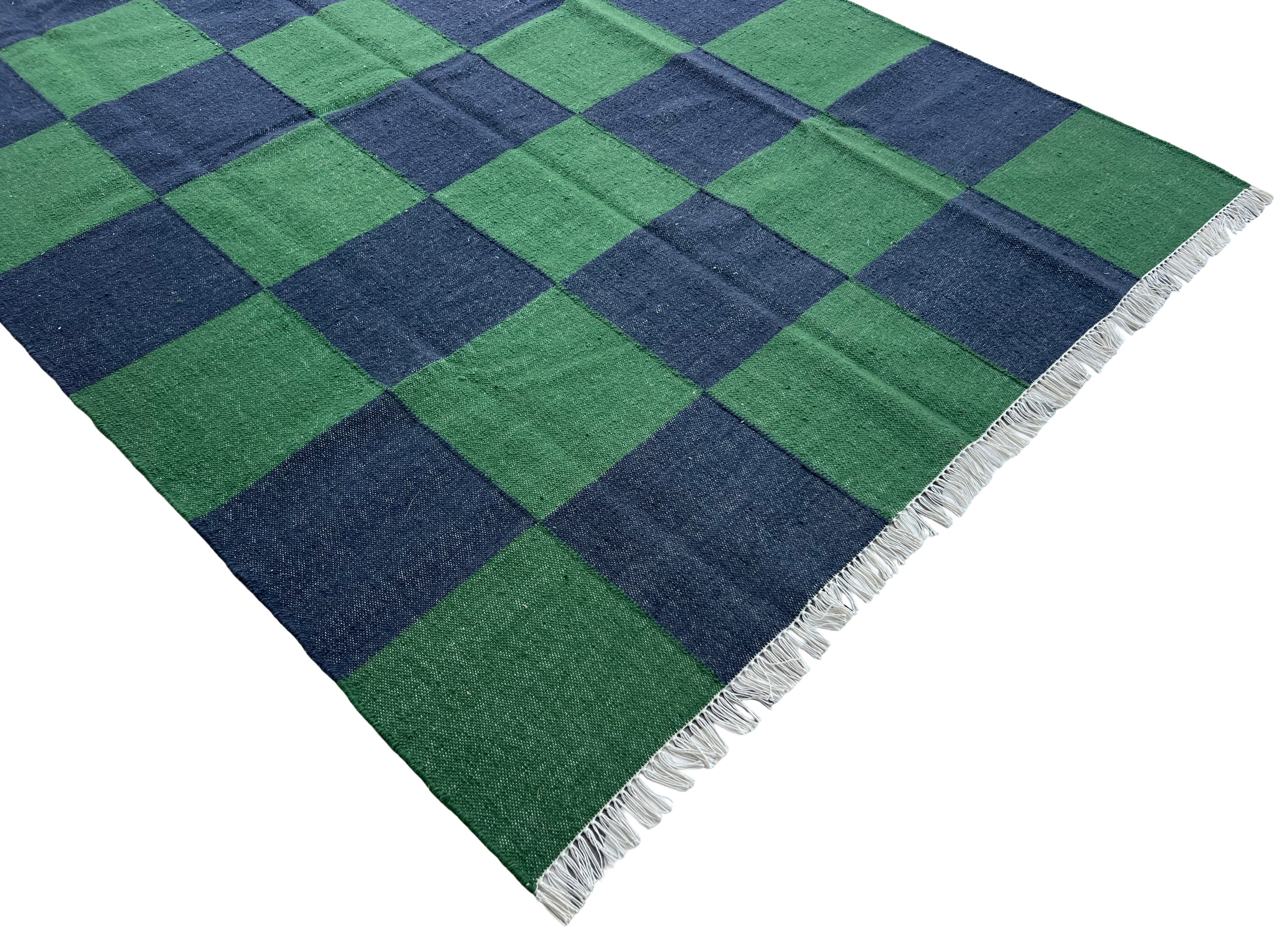 Modern Handmade New Zealand Wool Forest Green And Greyish Blue Checker Board Area Rug-6827