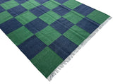 Modern Handmade New Zealand Wool Forest Green And Greyish Blue Checker Board Area Rug-6827
