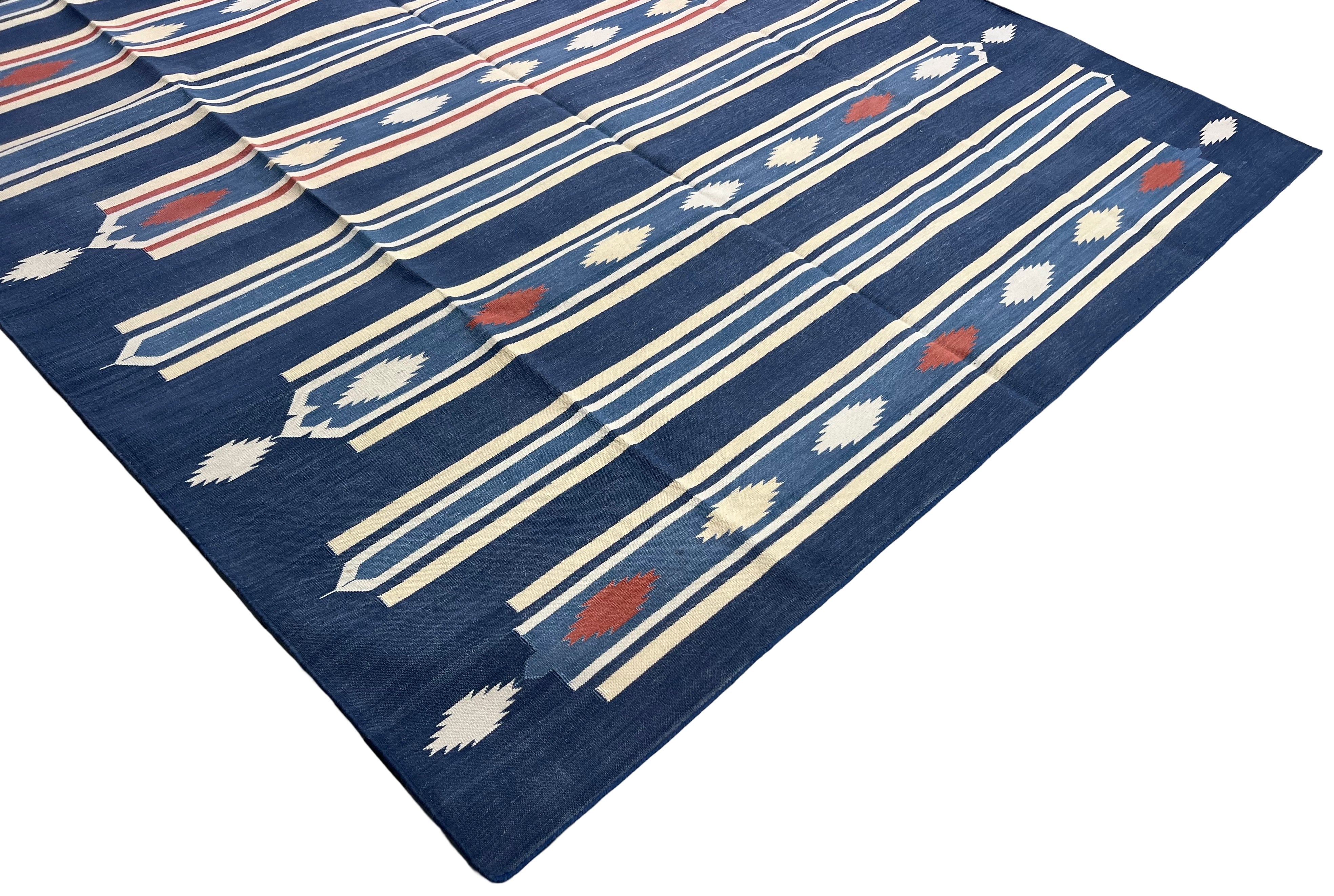 Modern Handmade Cotton Indigo Blue, Cream And Terracotta Diamond Striped Area Rug-6829