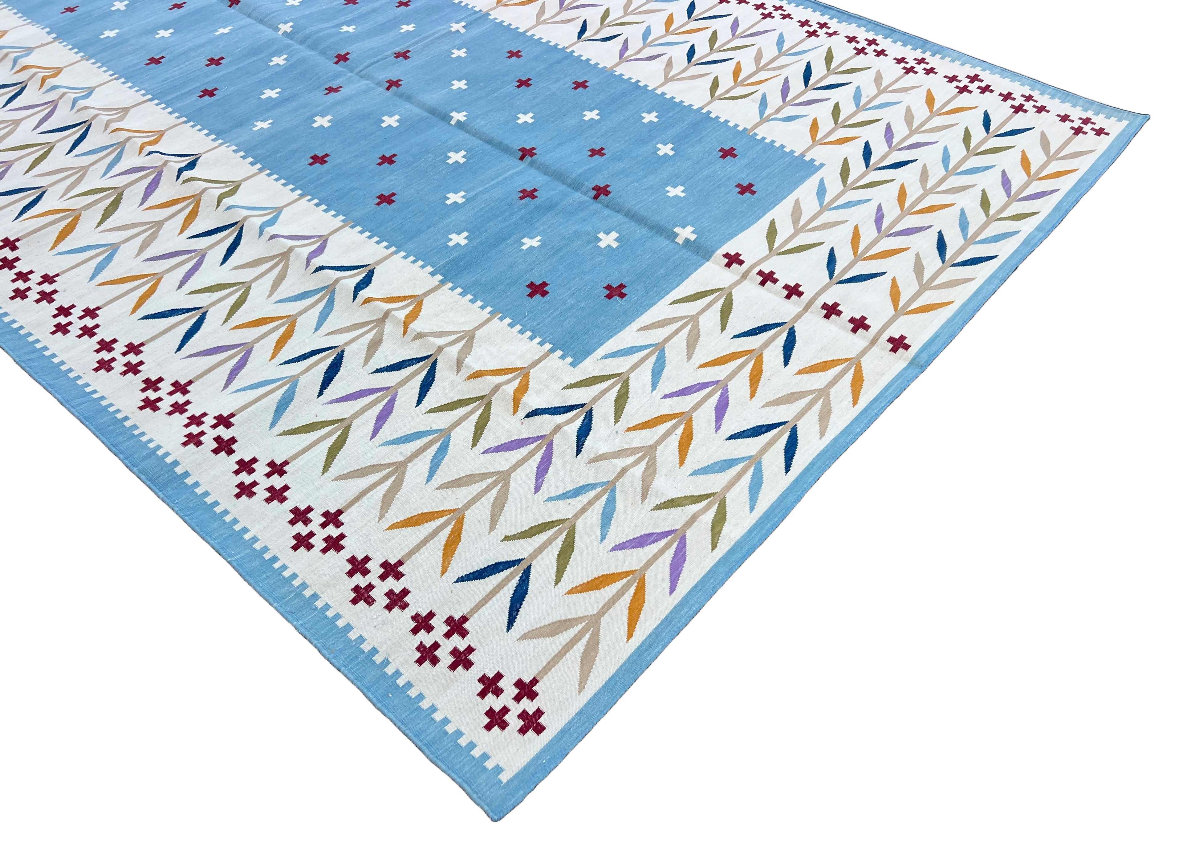 Modern Handmade Cotton Area Flat Weave Rug, Sky Blue And Cream Leaf Indian Dhurrie-6779