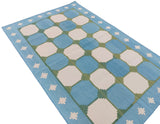 Modern Handmade Cotton Rug, 4x6 Sky Blue And Green Tile Swedish Rug-6782
