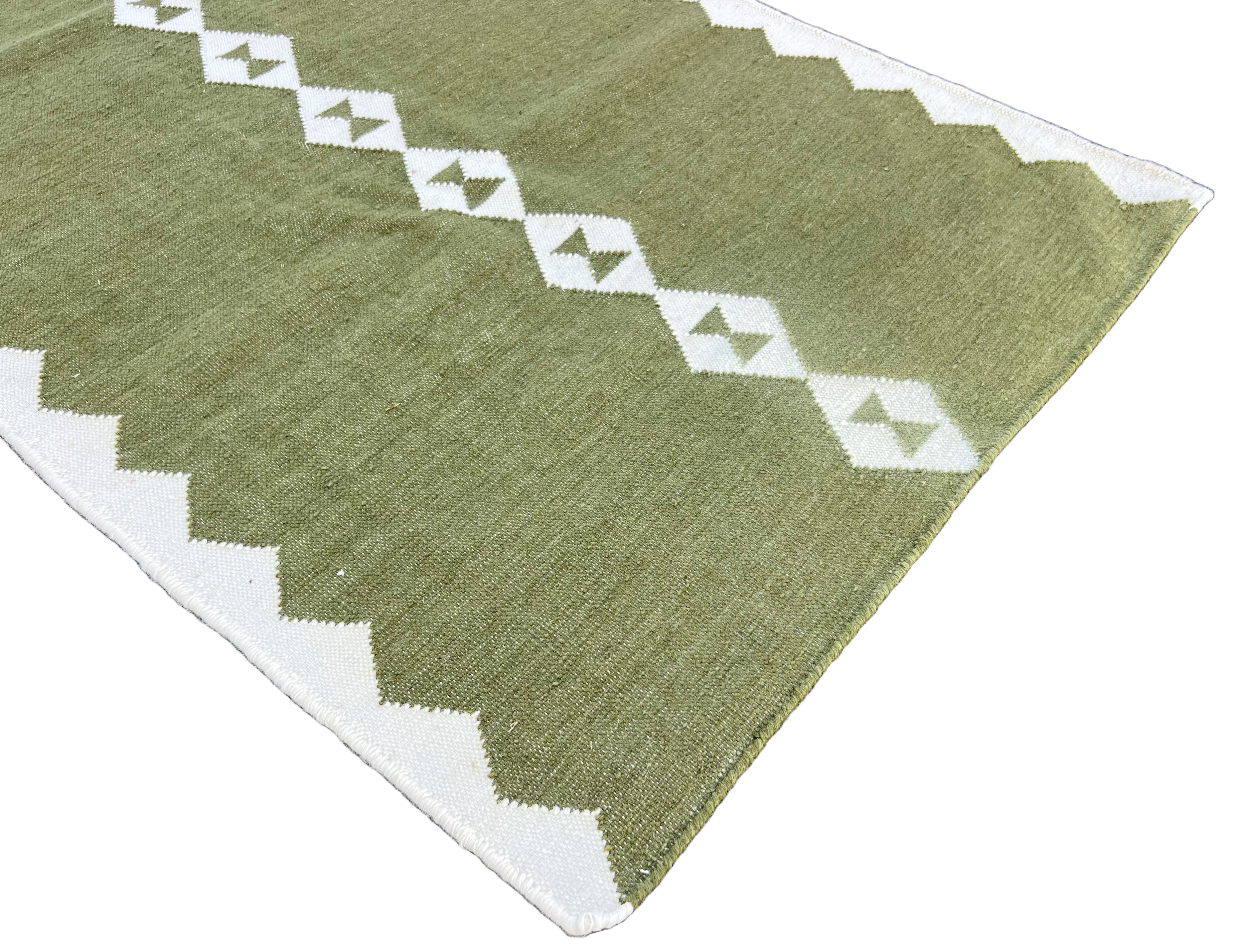Modern Handmade New Zealand Wool Dark Olive Green And White Geometric Runner-6756
