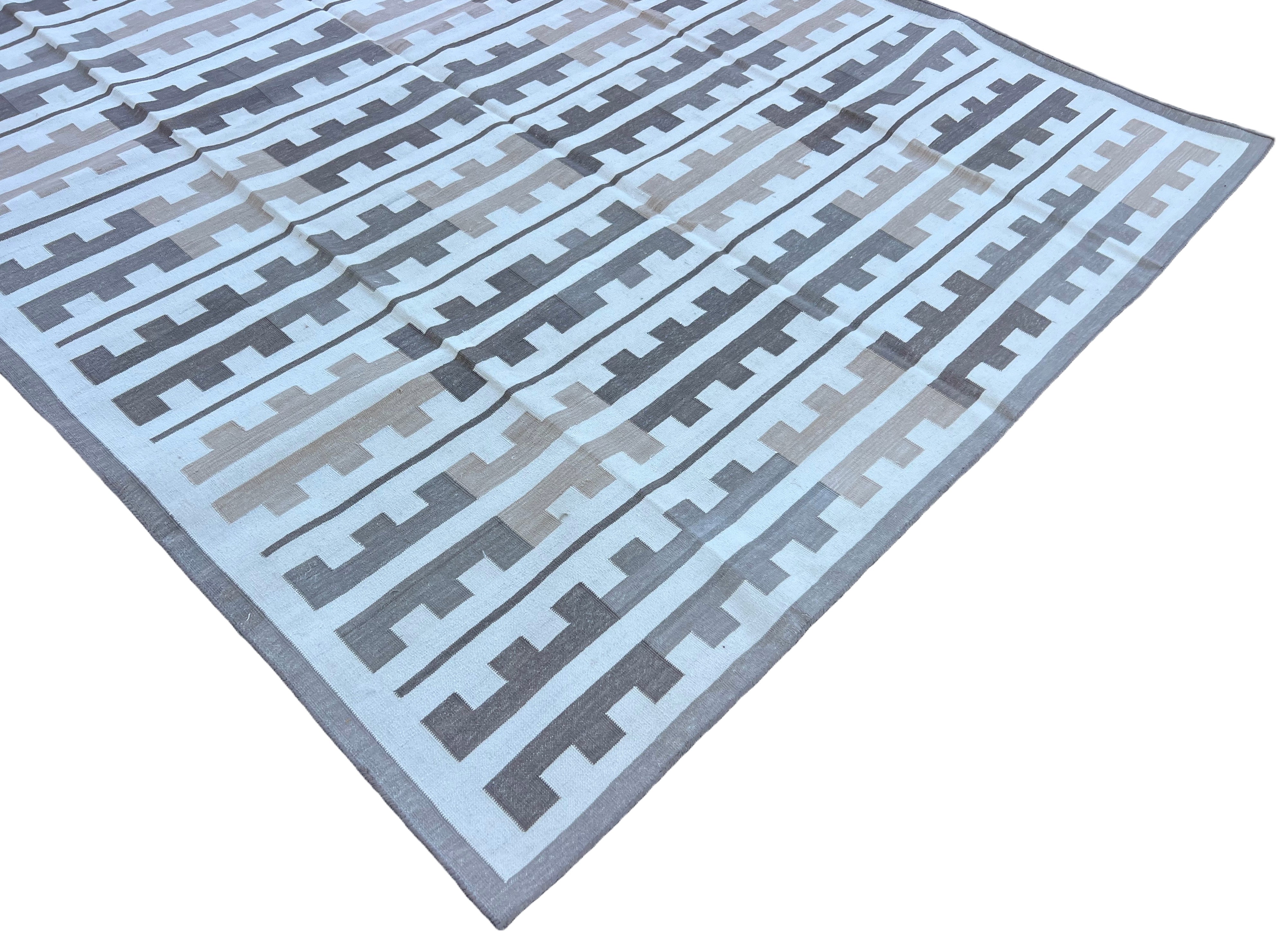 Modern Handmade Cotton Beige And Cream Marianne Striped Indian Dhurrie Rug-6767