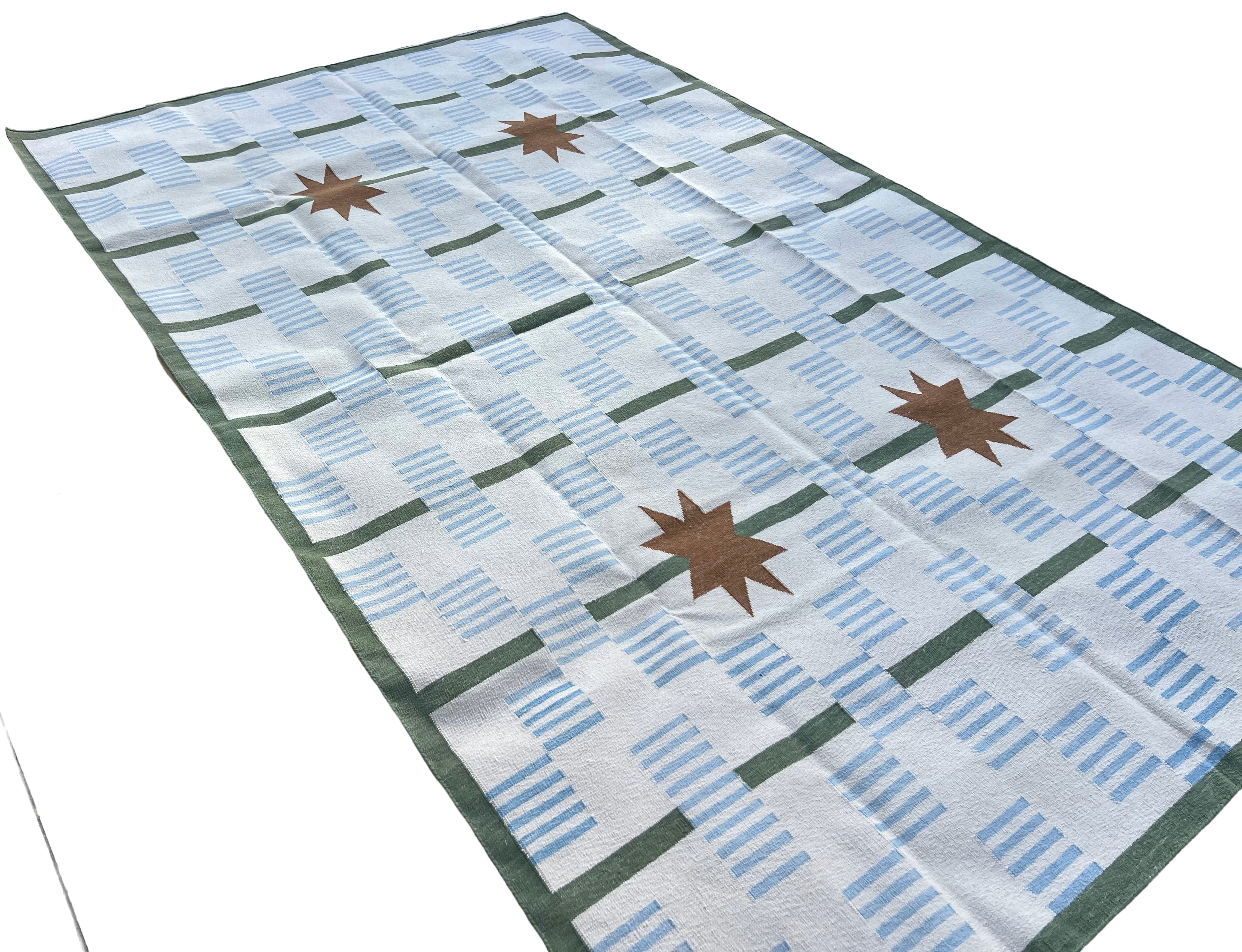 Modern Handmade Cotton Rug, 5'x8' Sky Blue, Sage Green And Cream Star And Dash Striped Rug-6811