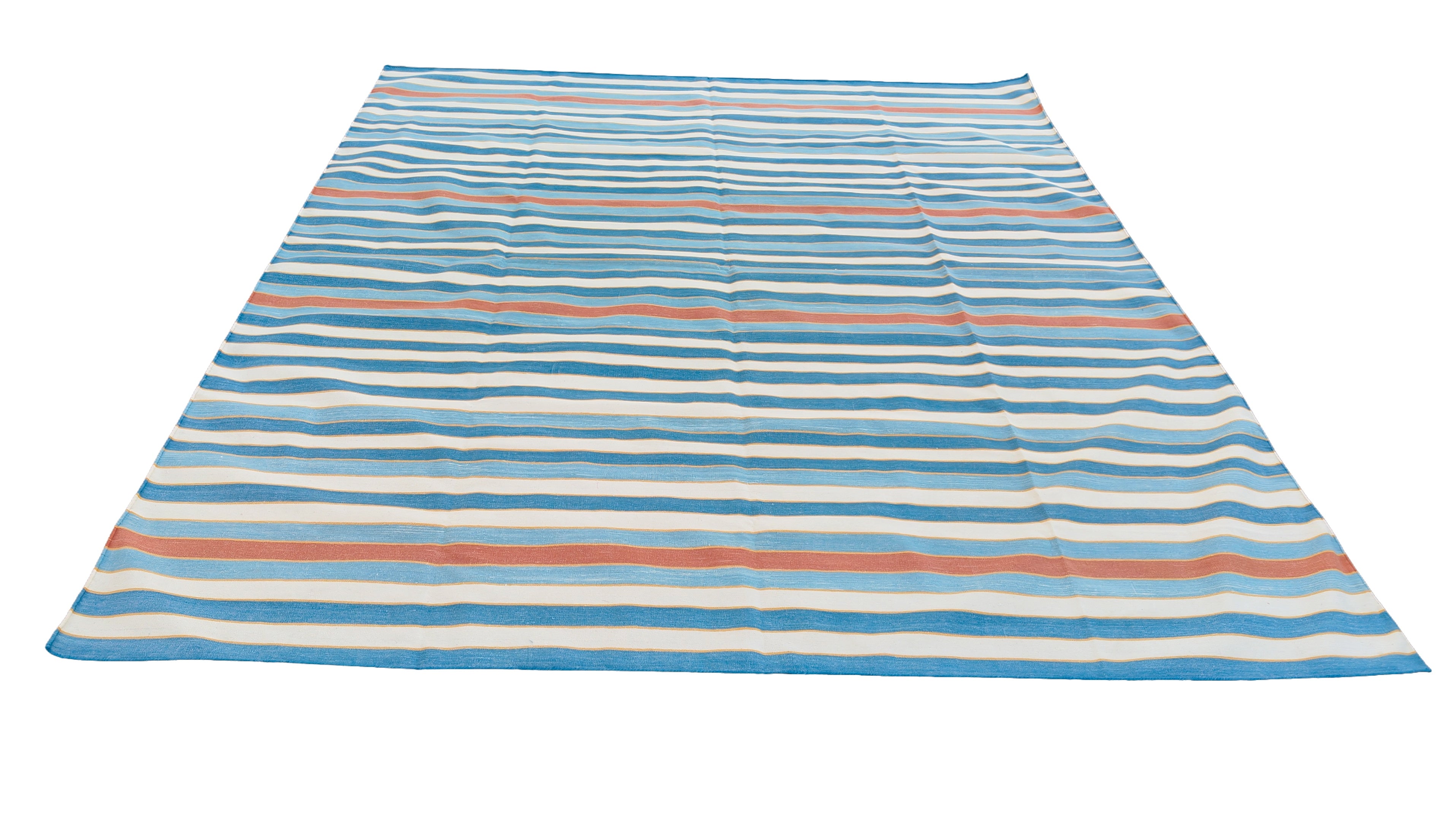 Modern Handmade Cotton Area Rug, Sky Blue, Red And Yellow Striped Indian Dhurrie -6783