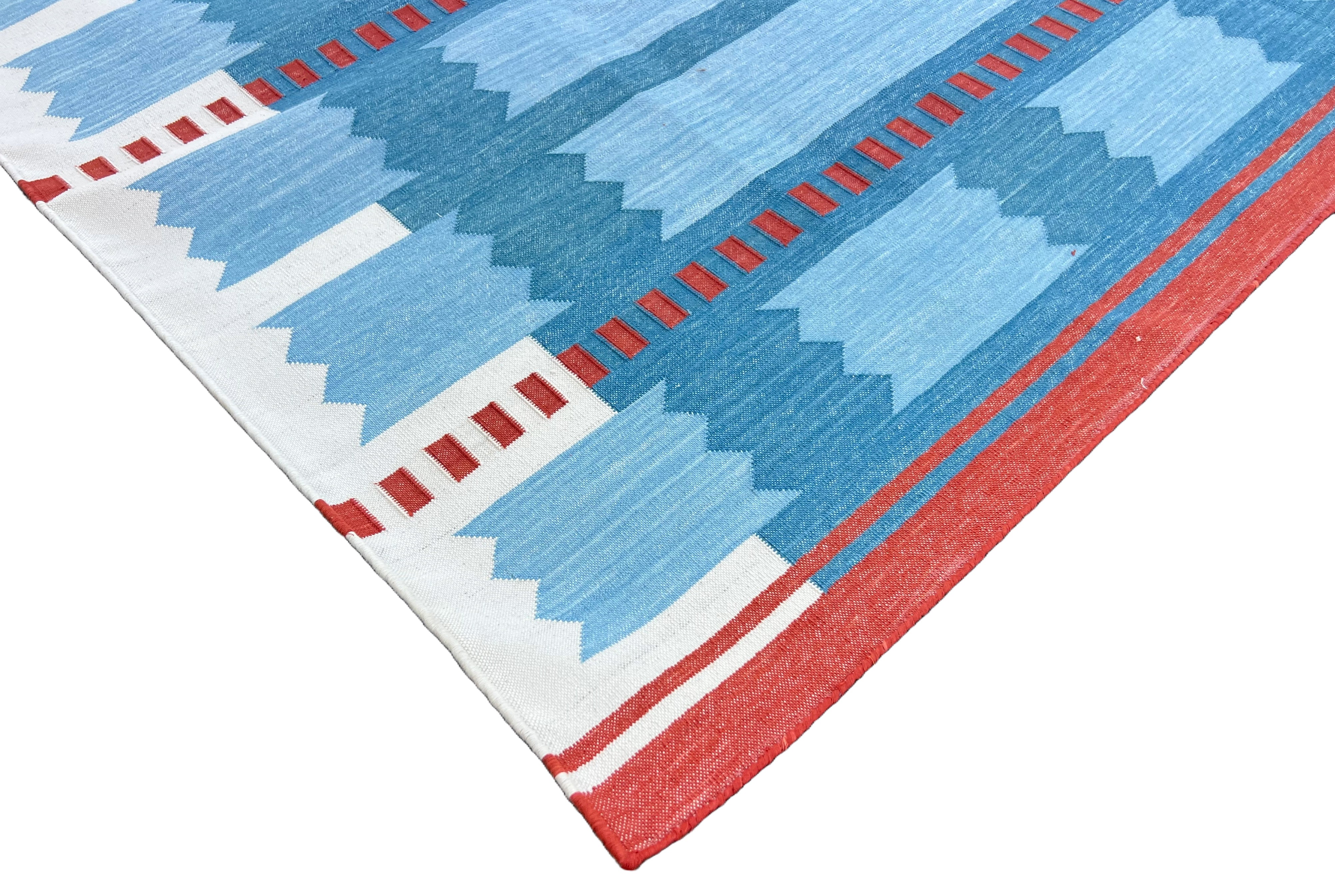 Modern Handmade Cotton Flat Weave Blue, Cream And Red Geometric Rug-6774