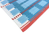 Modern Handmade Cotton Flat Weave Blue, Cream And Red Geometric Rug-6774