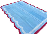 Modern Handmade Cotton Sky Blue, Cream and Red Scalloped Rug-9660