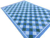 Modern Handmade Cotton Sky Blue, Cream And Forest Green Checked Rug-6760