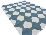 Modern Handmade Cotton Teal Blue, Cream And Olive Green Tile Area Rug-6842
