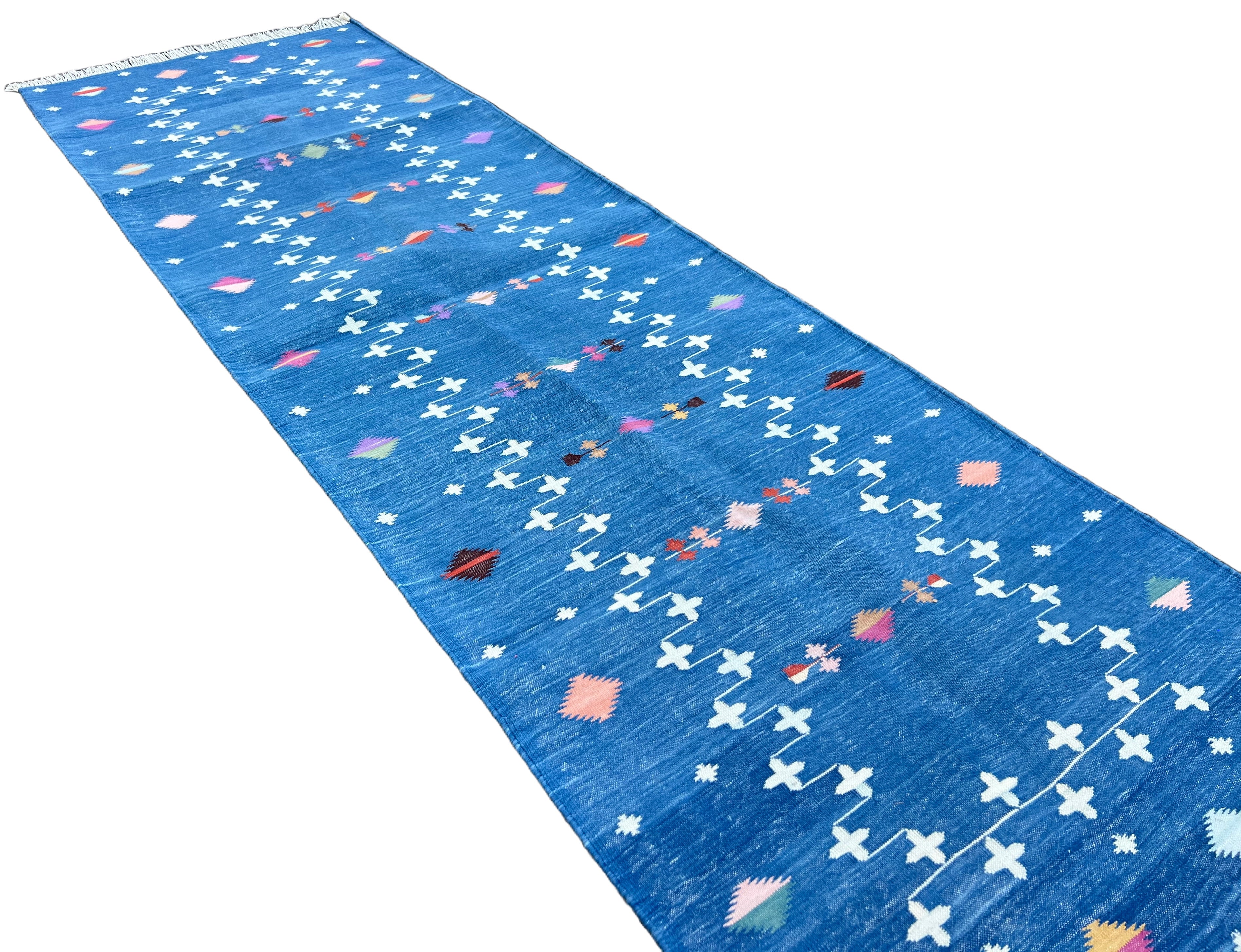 Modern Handmade Cotton Indigo Blue Shooting Star Dhurrie Runner-6772
