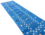 Modern Handmade Cotton Indigo Blue Shooting Star Dhurrie Runner-6772