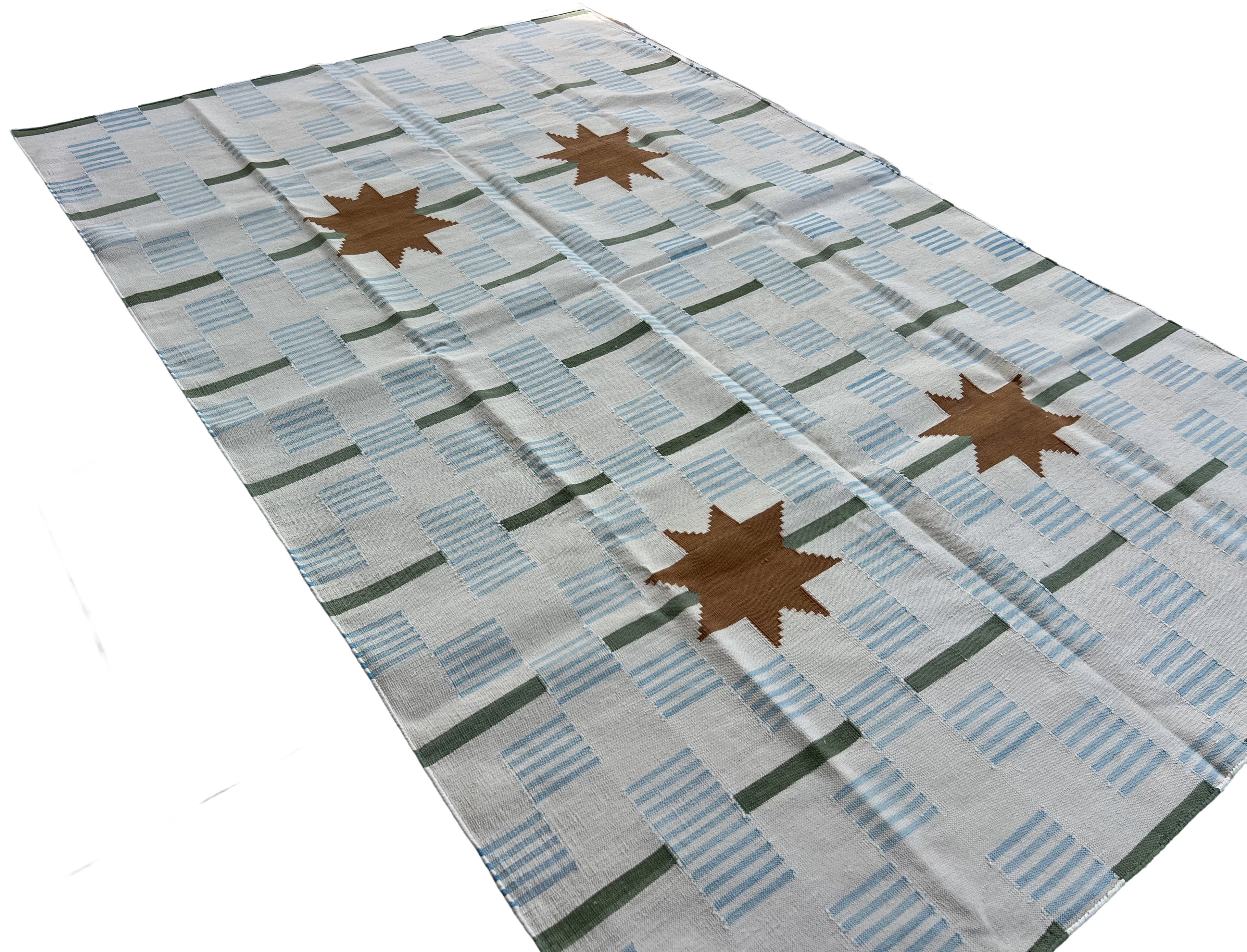 Modern Handmade Cotton Rug, 5'x8' Sky Blue, Sage Green And Cream Star And Dash Striped Rug-6825