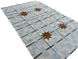 Modern Handmade Cotton Rug, 5'x8' Sky Blue, Sage Green And Cream Star And Dash Striped Rug-6825