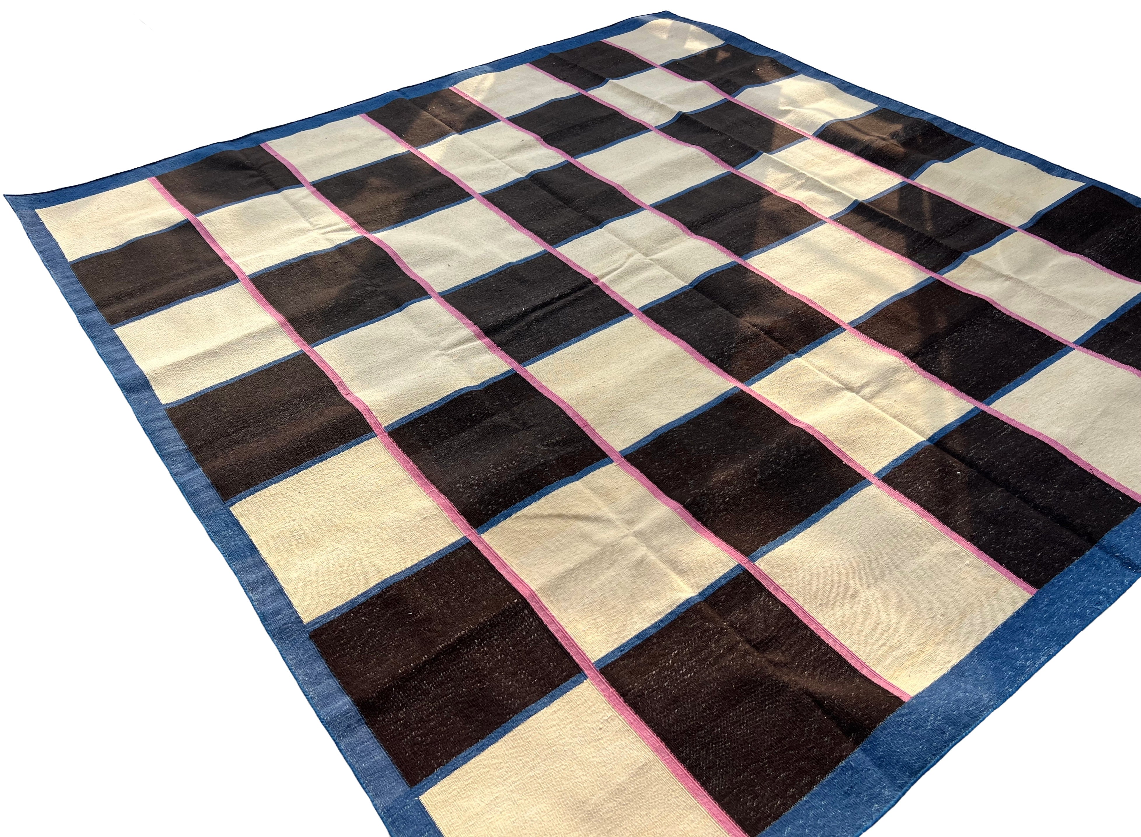 Modern Handmade Cotton Rug, 8'x8' Cream, Brown And Pink Checker Board Rug-6822