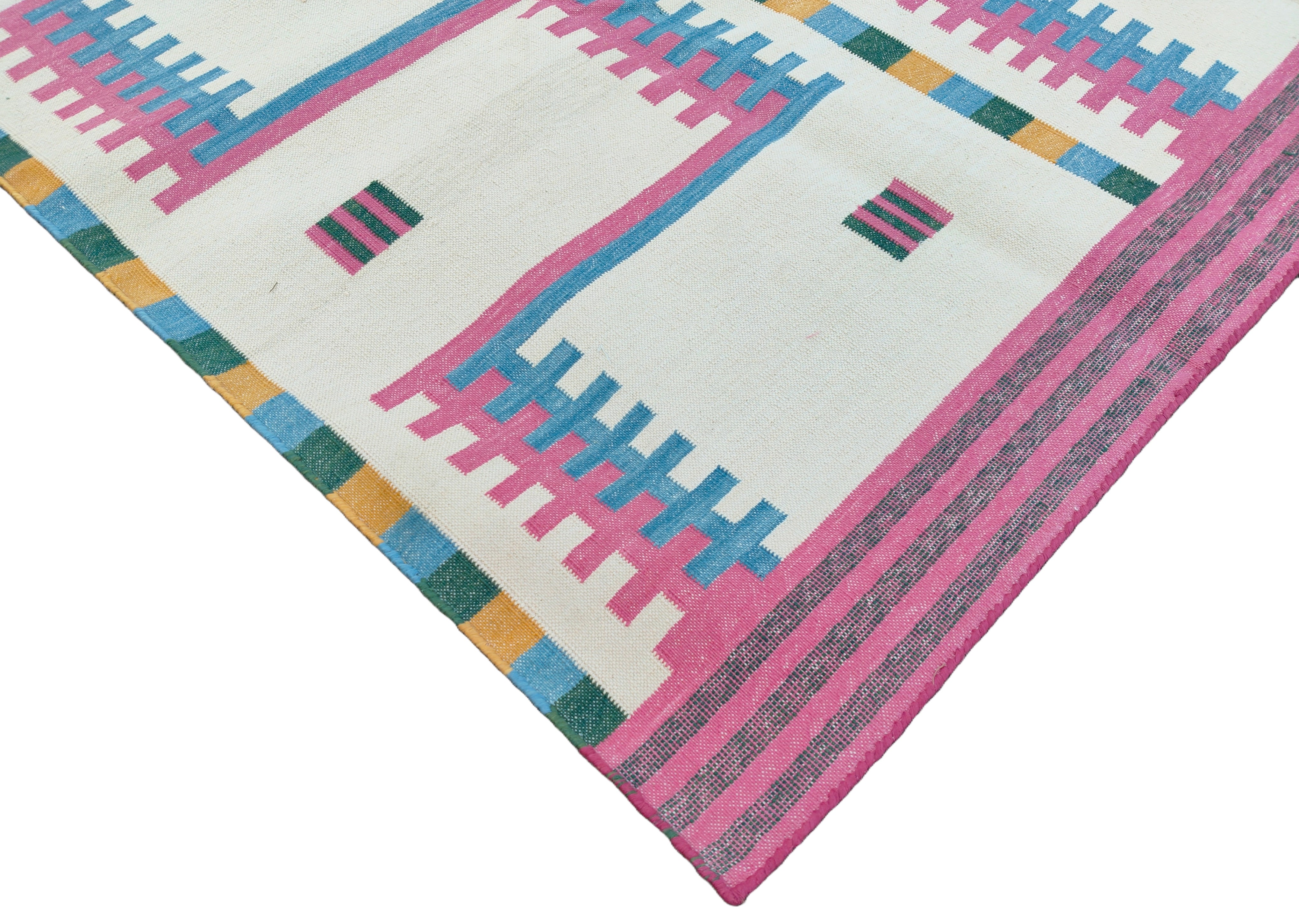 Modern Handmade Cotton Rug, 5x7 Pink And Cream Geometric Rug-6781