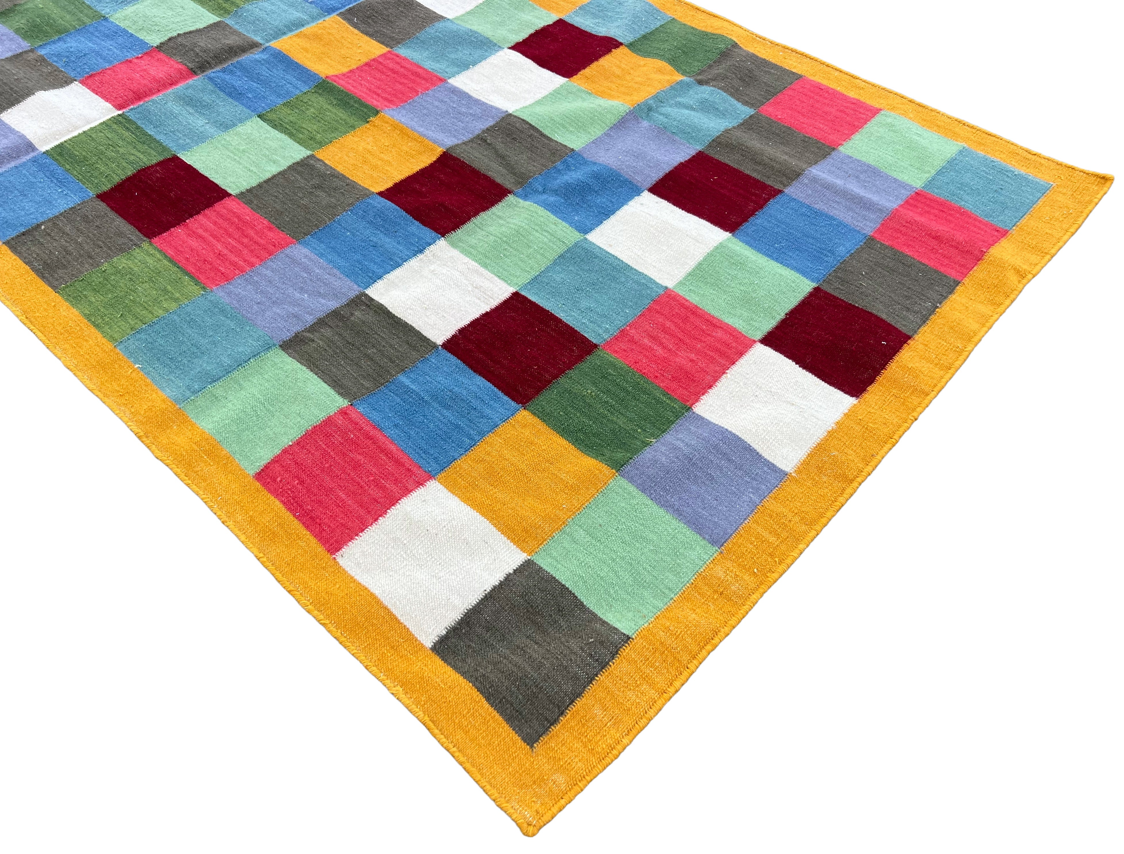 Modern Handmade Woolen Rug, 4x8 Multicolor Checked Dhurrie Runner -6785