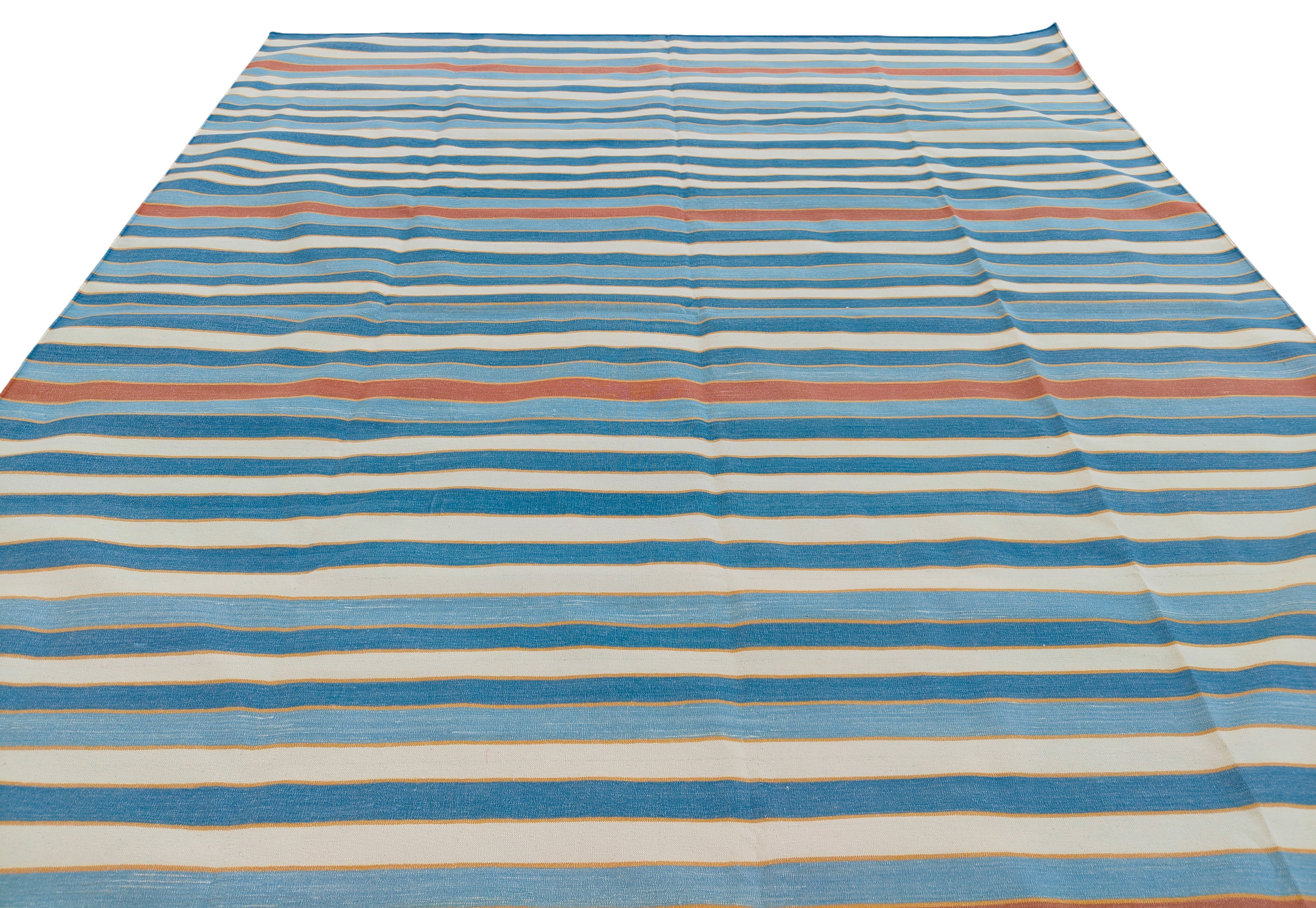 Modern Handmade Cotton Area Rug, Sky Blue, Red And Yellow Striped Indian Dhurrie -6783