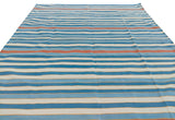 Modern Handmade Cotton Area Rug, Sky Blue, Red And Yellow Striped Indian Dhurrie -6783