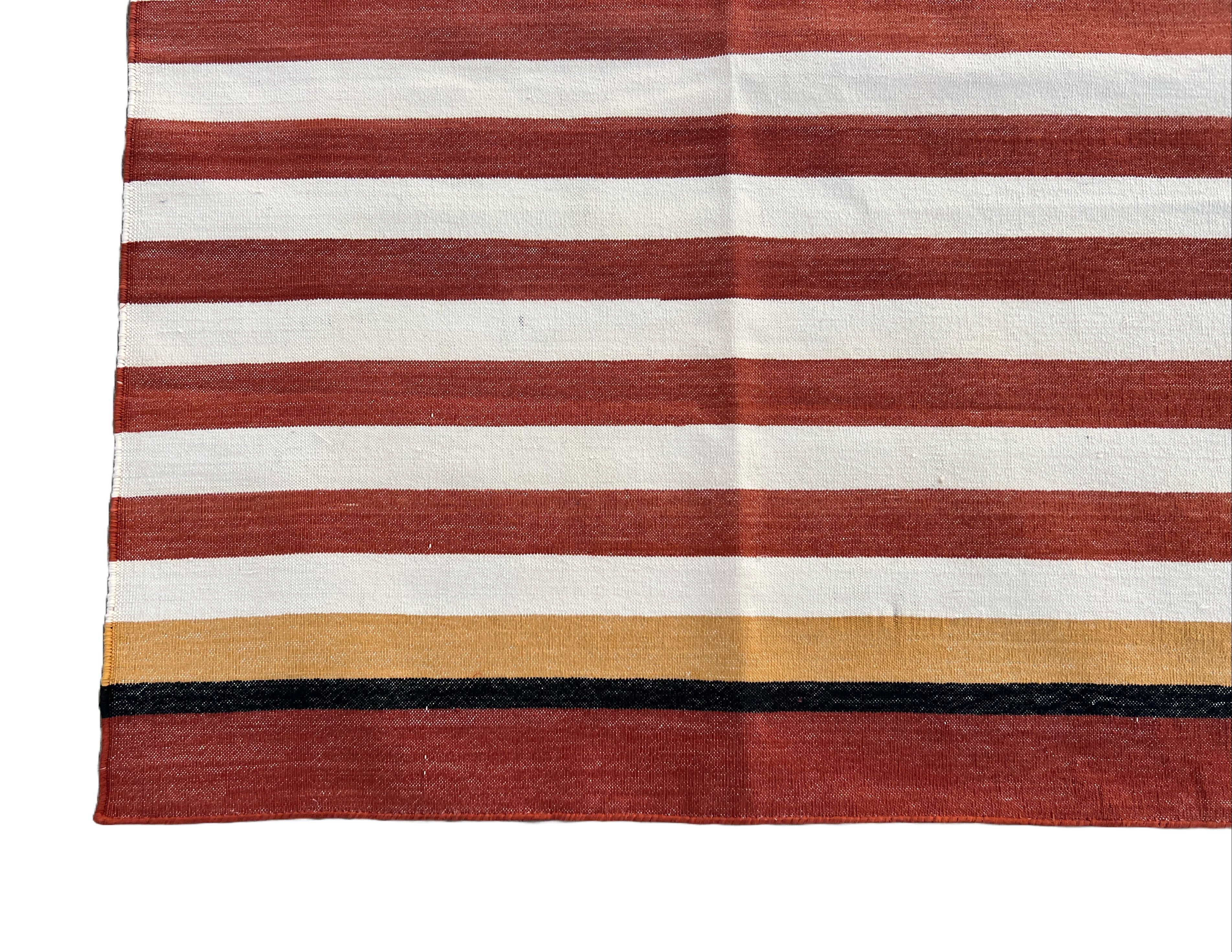 Modern Handmade Cotton Terracotta And White Striped Rug-6538