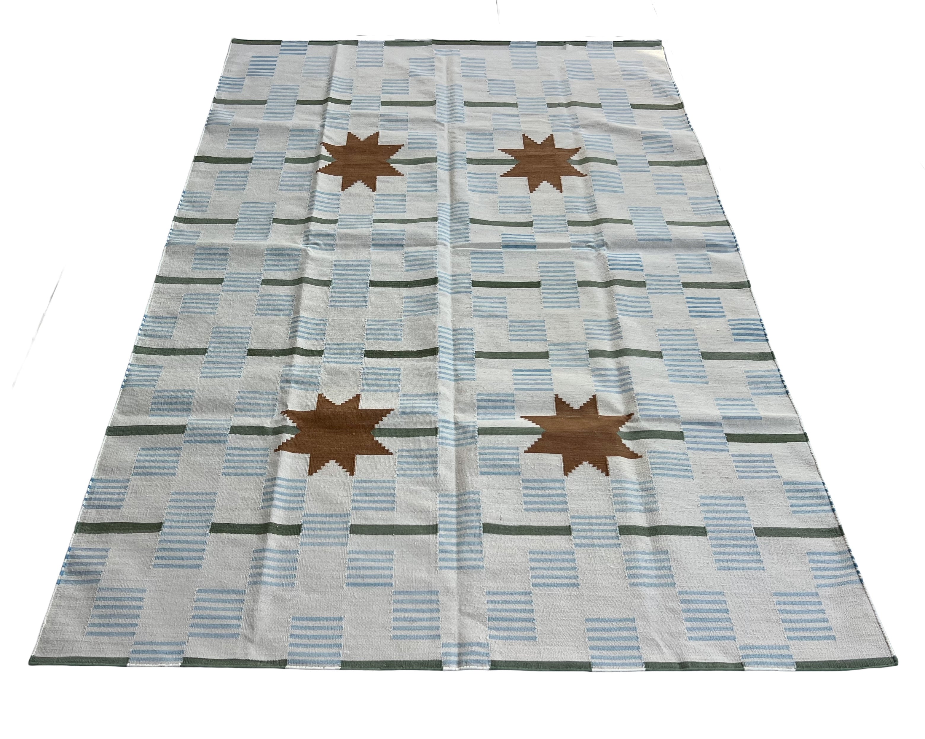 Modern Handmade Cotton Rug, 5'x8' Sky Blue, Sage Green And Cream Star And Dash Striped Rug-6825