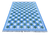 Modern Handmade Cotton Sky Blue, Cream And Forest Green Checked Rug-6760