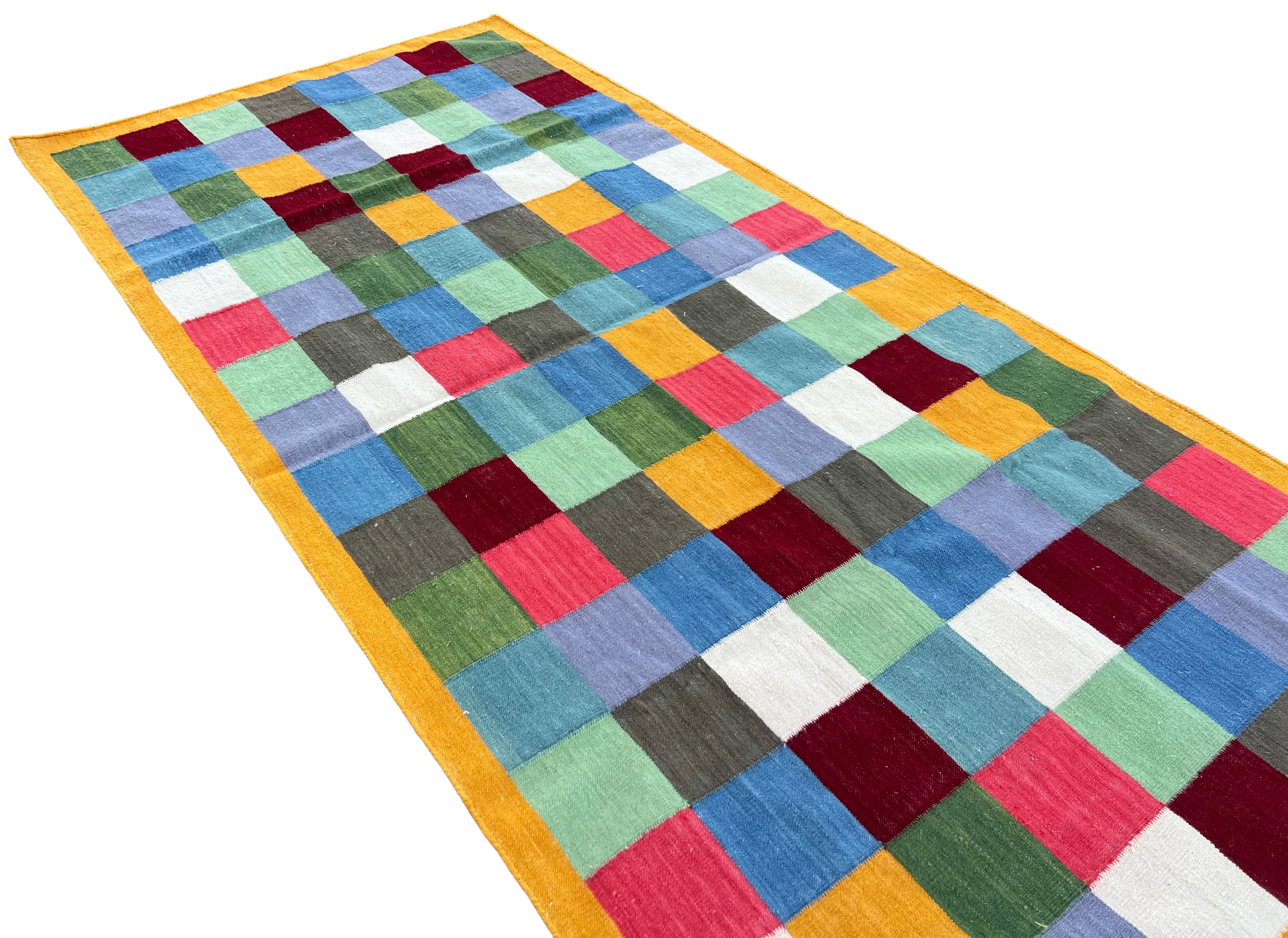 Modern Handmade Woolen Rug, 4x8 Multicolor Checked Dhurrie Runner -6785