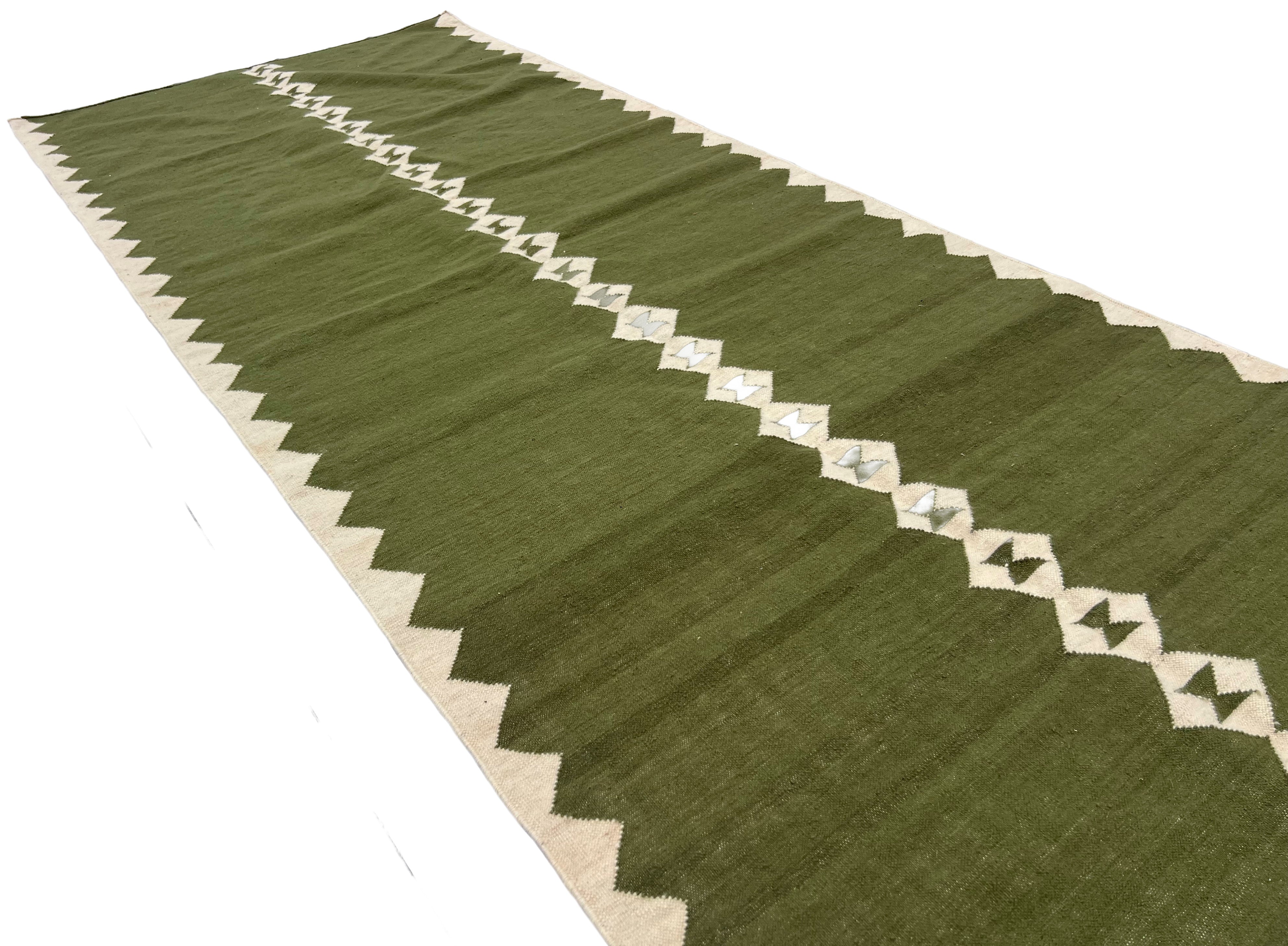Modern Handmade New Zealand Wool Olive Green And Cream Diamond Runner-6841