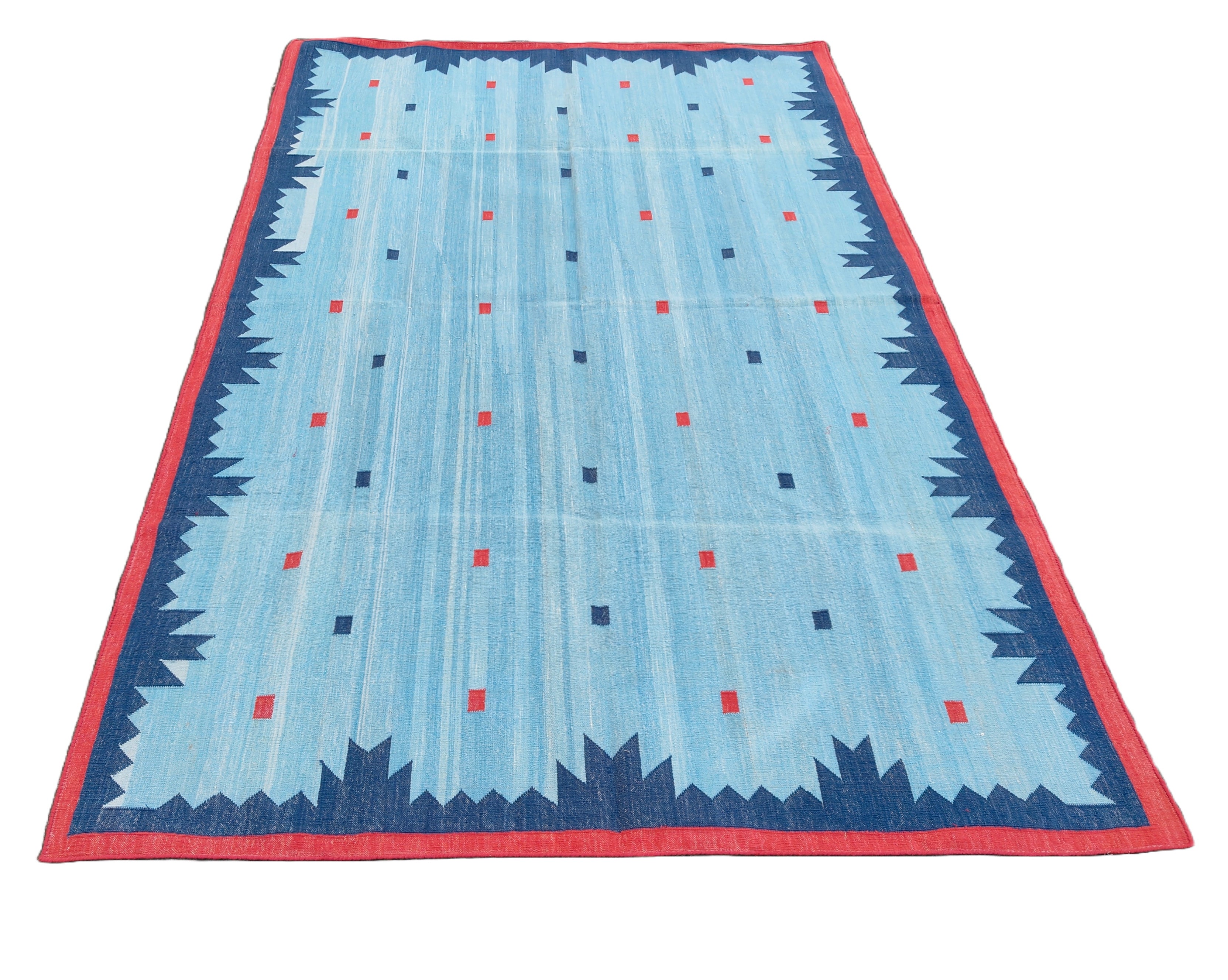 Modern Handmade Cotton Rug, 5x8 Sky And Navy Blue Red Border Geometric Diamond Rug-6775