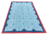 Modern Handmade Cotton Rug, 5x8 Sky And Navy Blue Red Border Geometric Diamond Rug-6775