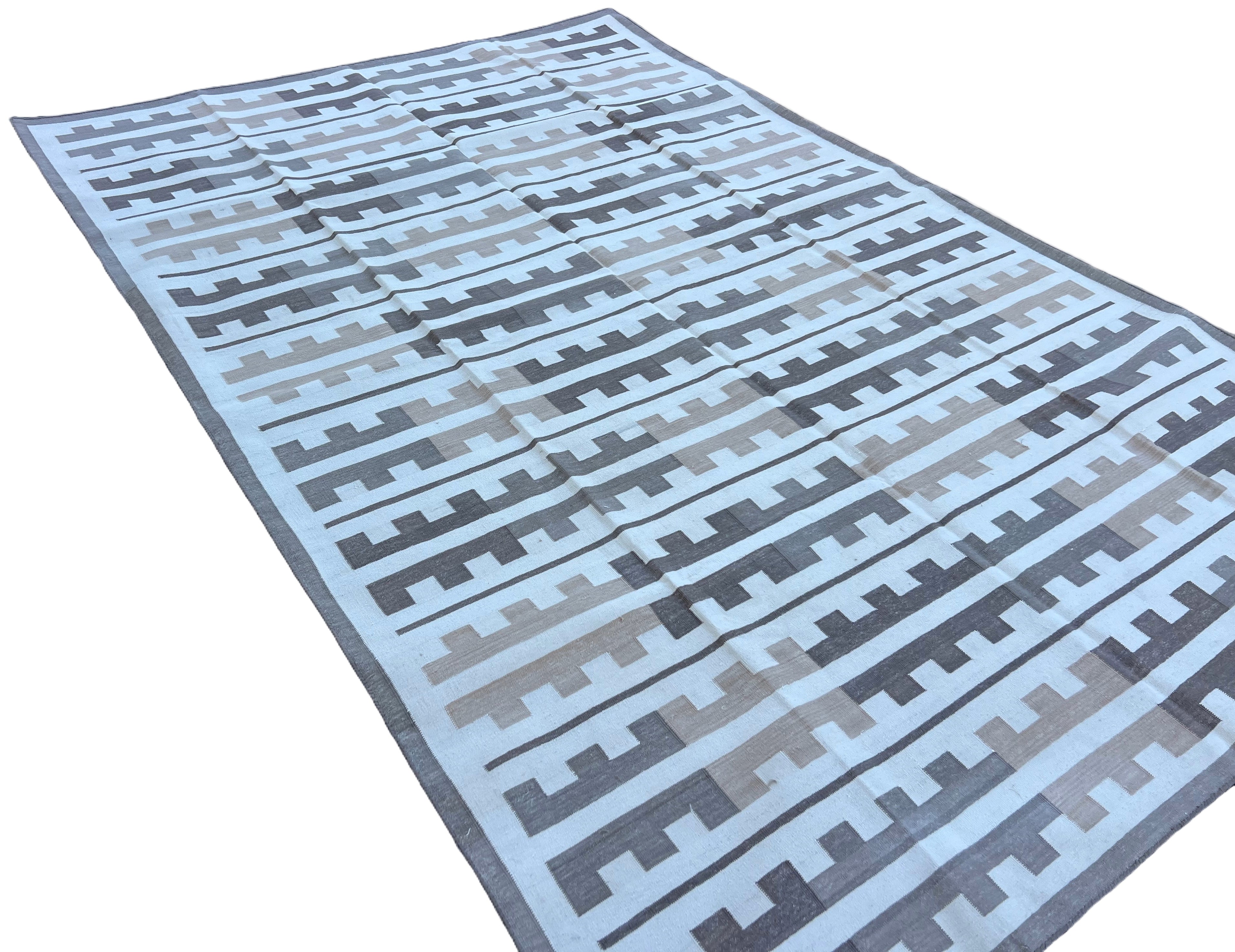 Modern Handmade Cotton Beige And Cream Marianne Striped Indian Dhurrie Rug-6767