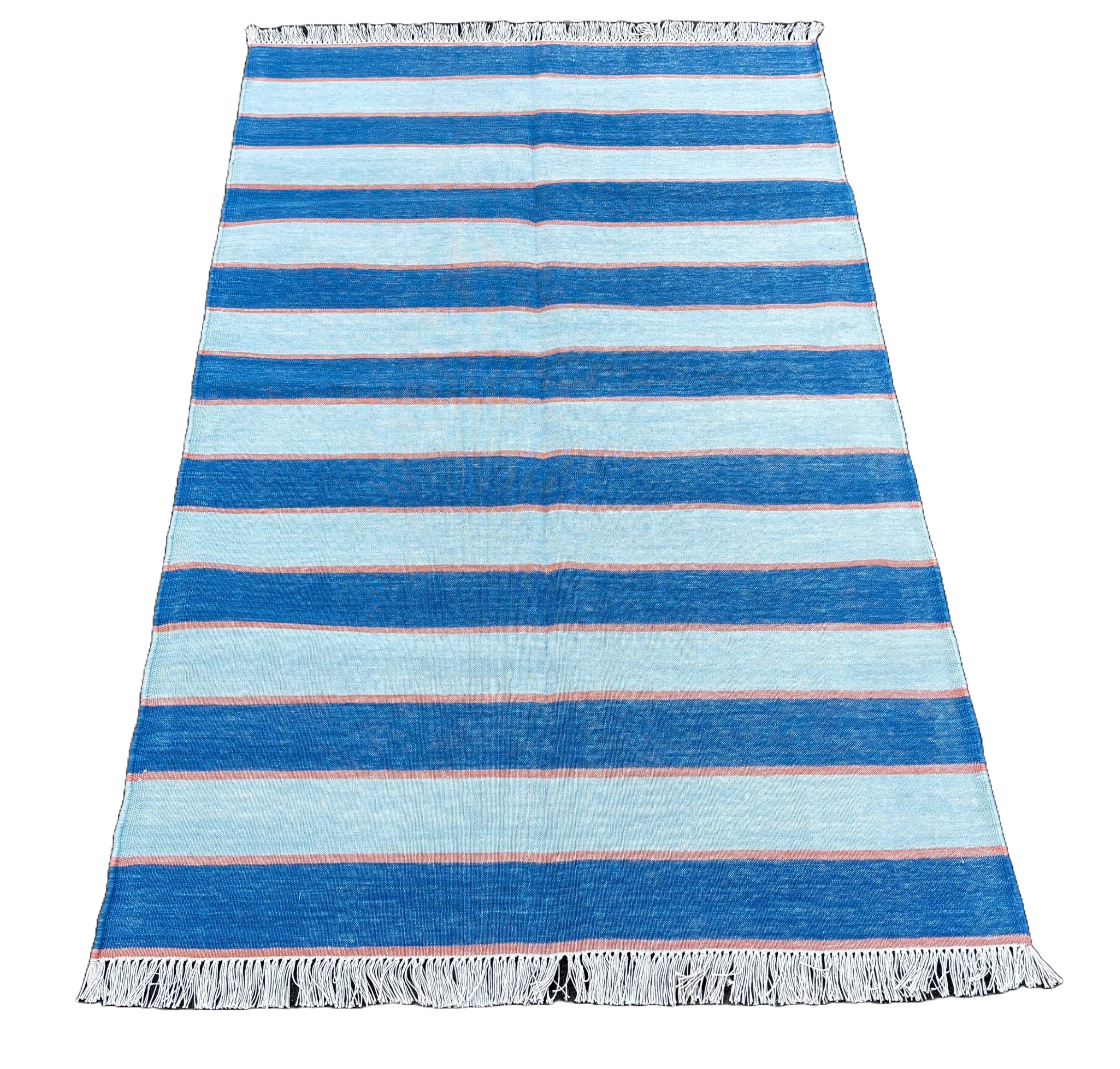 Modern Handmade Cotton Blue And Orange Striped Area Rug-6765
