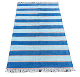 Modern Handmade Cotton Blue And Orange Striped Area Rug-6765