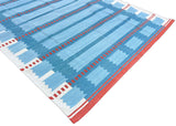 Modern Handmade Cotton Flat Weave Blue, Cream And Red Geometric Rug-6774