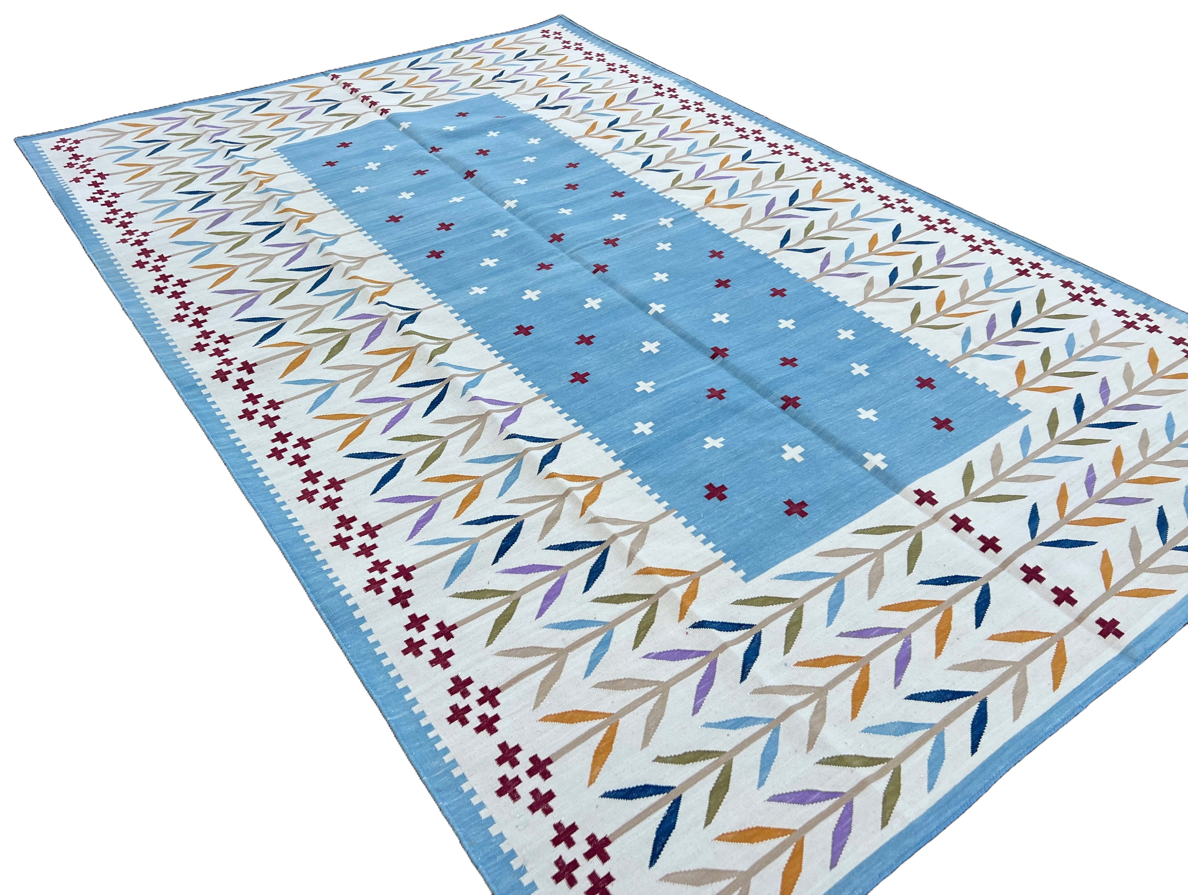 Modern Handmade Cotton Area Flat Weave Rug, Sky Blue And Cream Leaf Indian Dhurrie-6779