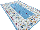 Modern Handmade Cotton Area Flat Weave Rug, Sky Blue And Cream Leaf Indian Dhurrie-6779