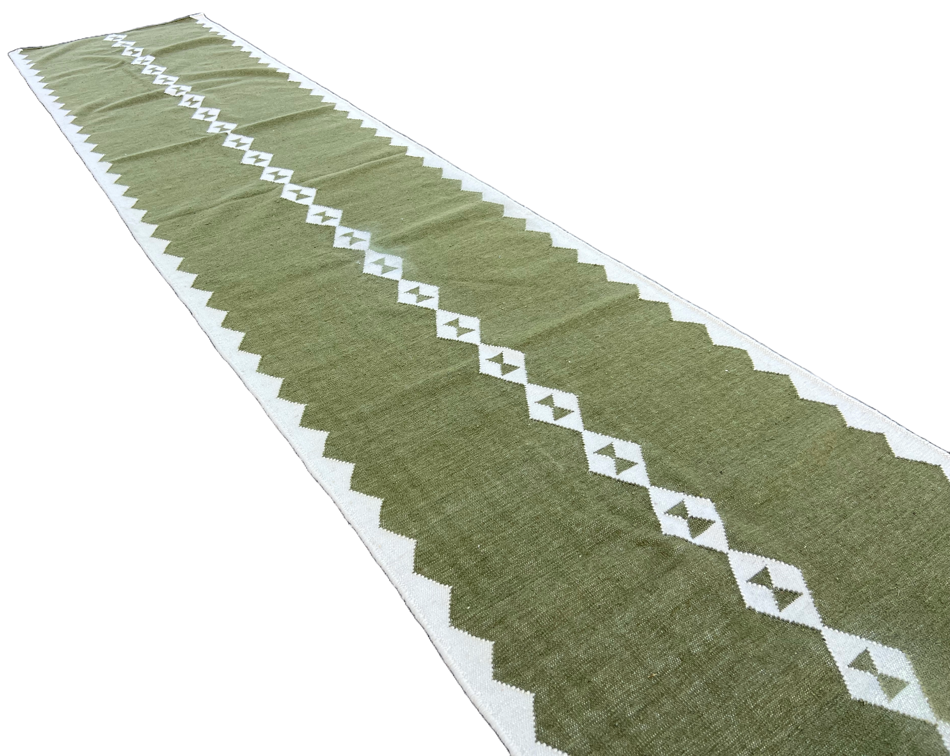 Modern Handmade New Zealand Wool Dark Olive Green And White Geometric Runner-6756