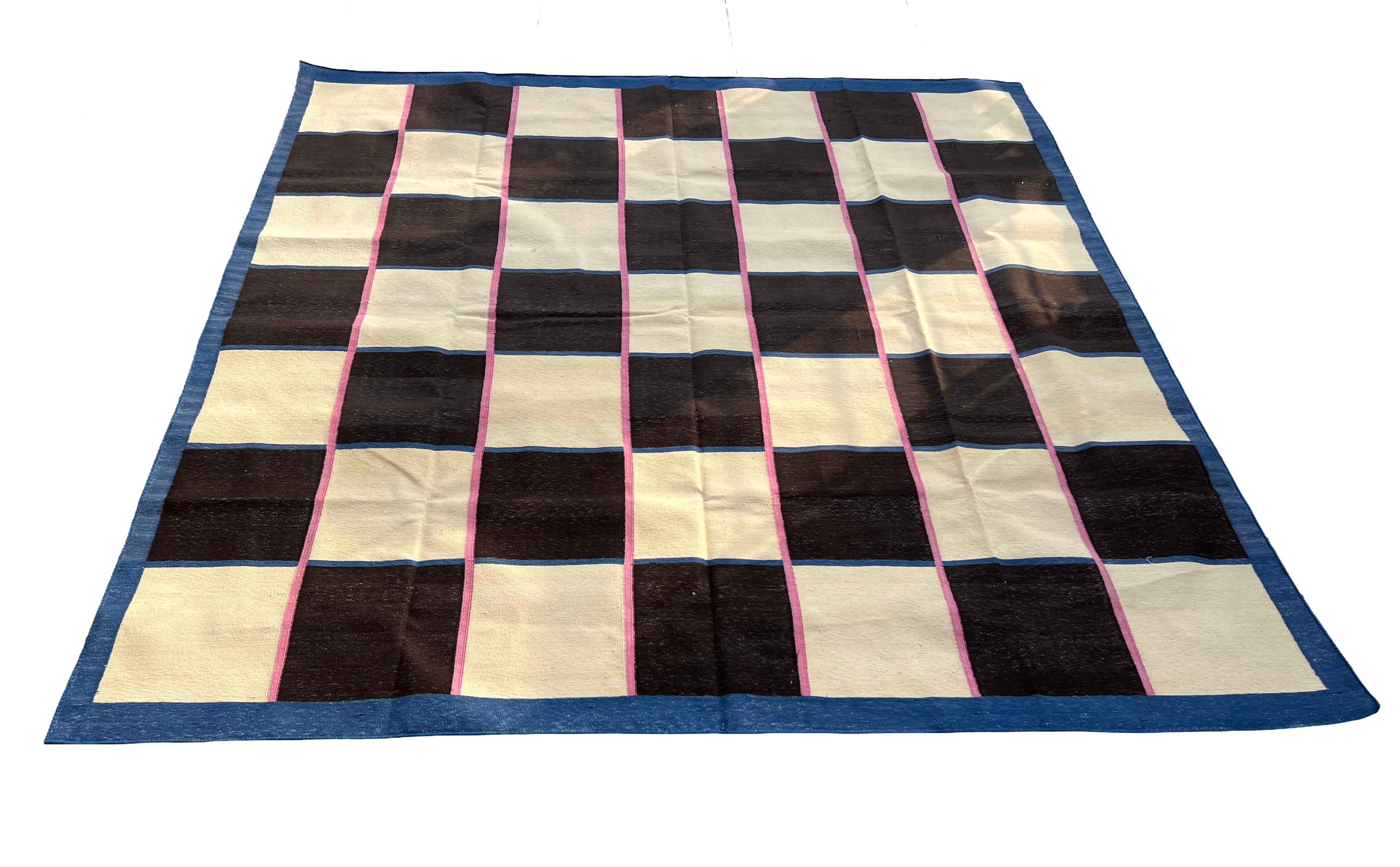 Modern Handmade Cotton Rug, 8'x8' Cream, Brown And Pink Checker Board Rug-6822