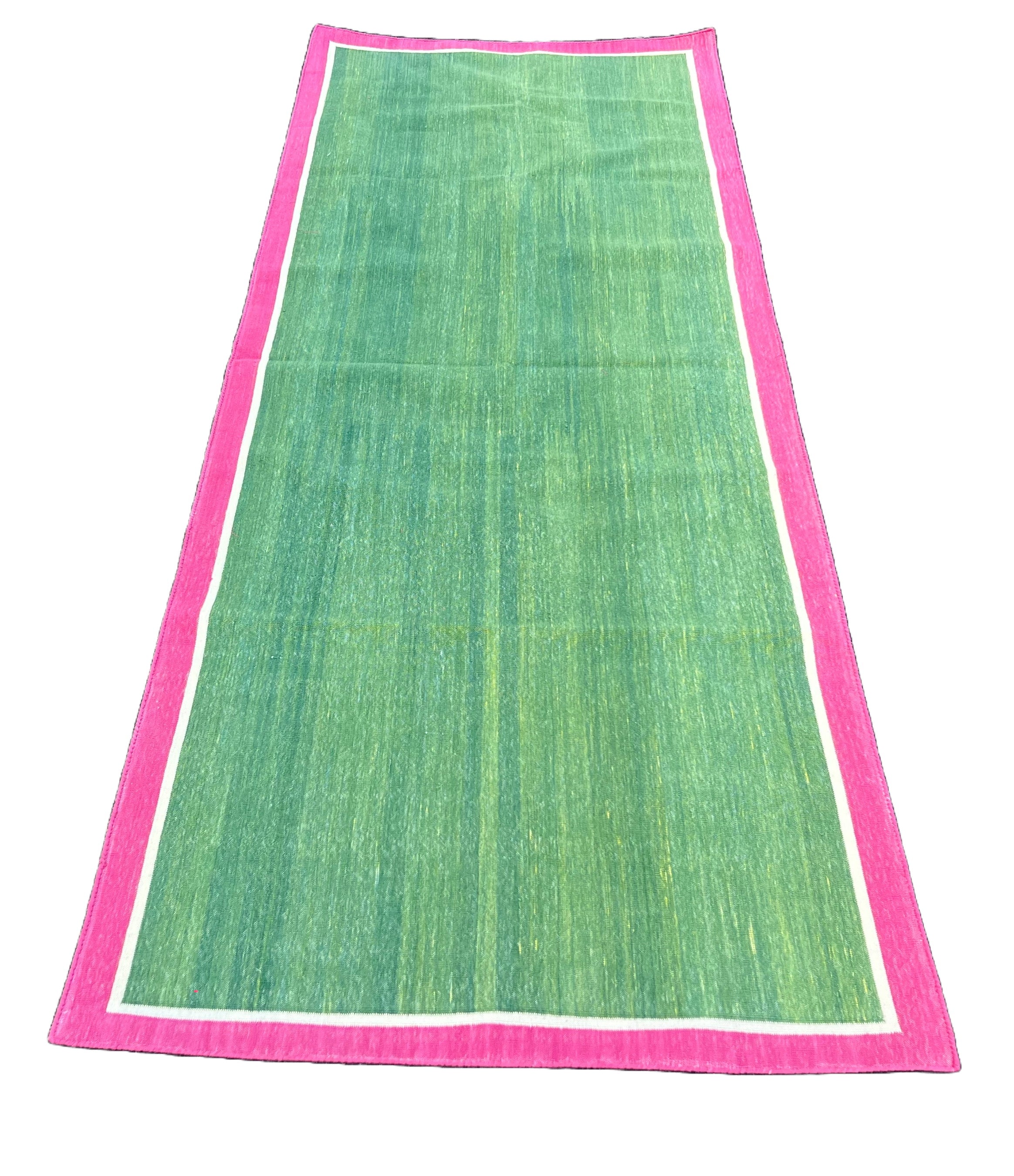 Modern Handmade Cotton Green, Cream And Raspberry Pink Empty Field Runner-6758