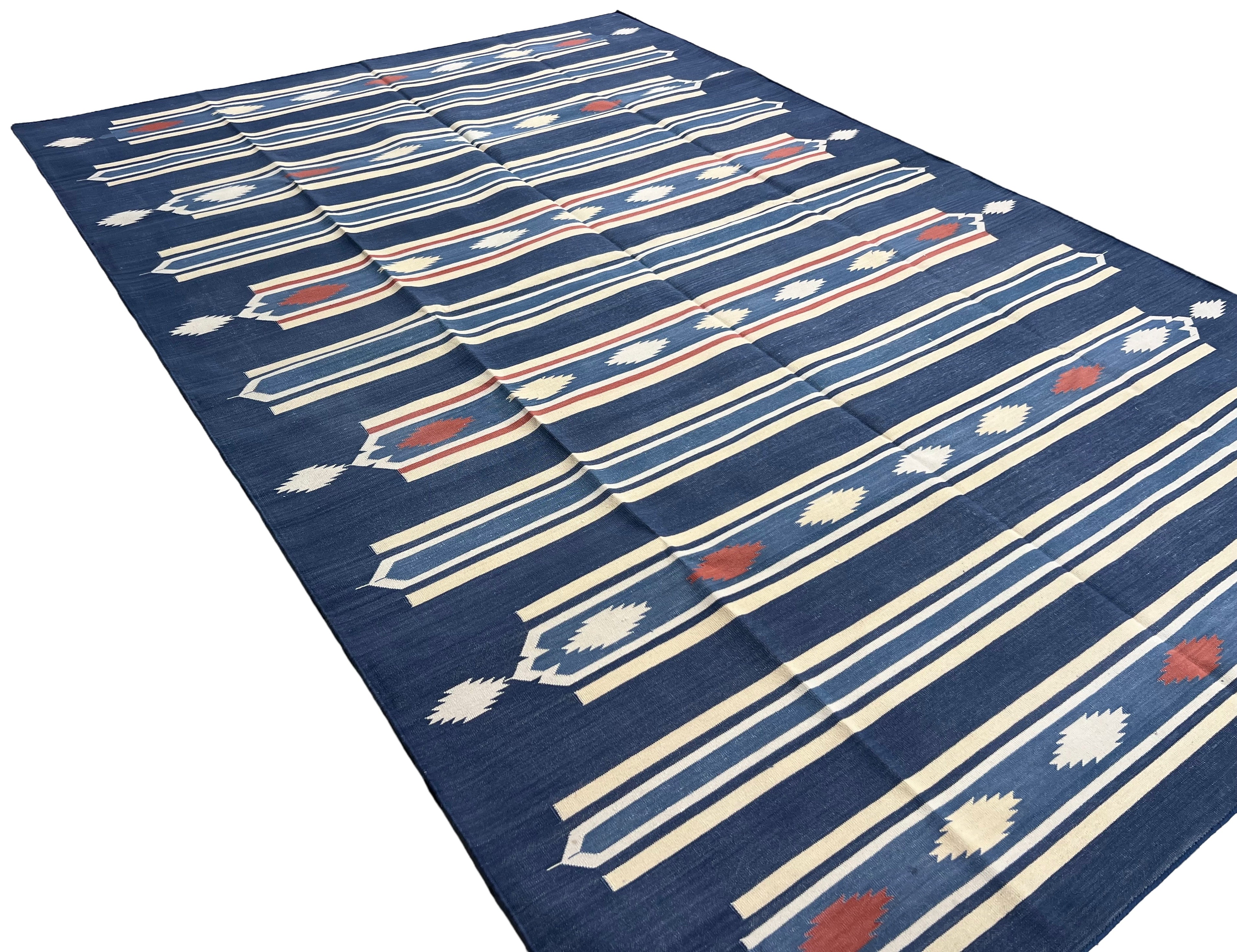 Modern Handmade Cotton Indigo Blue, Cream And Terracotta Diamond Striped Area Rug-6829
