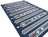 Modern Handmade Cotton Indigo Blue, Cream And Terracotta Diamond Striped Area Rug-6829